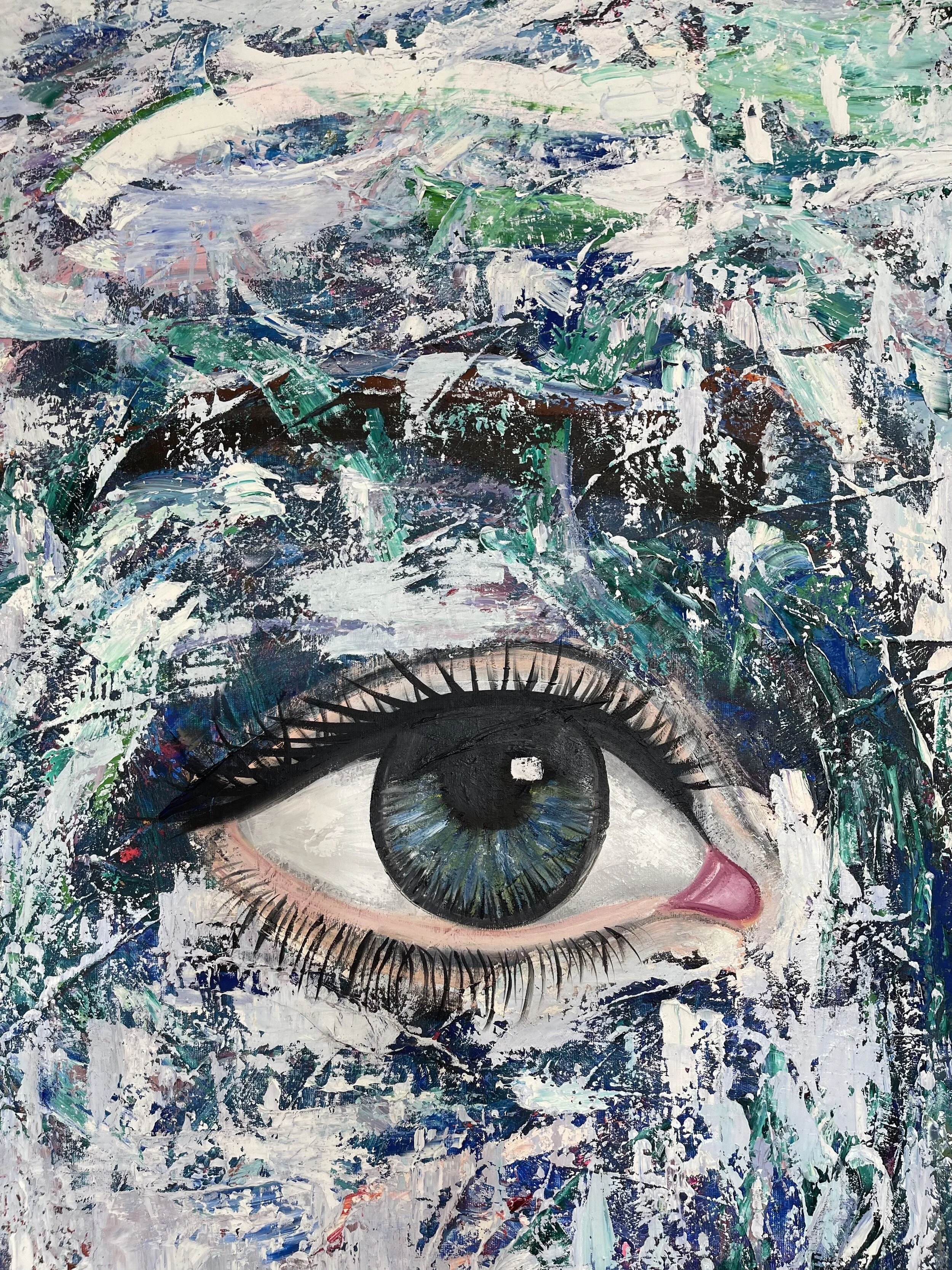 A painting of a realistic human eye surrounded by abstract, textured brushstrokes in various shades of blue, green, white, and black.