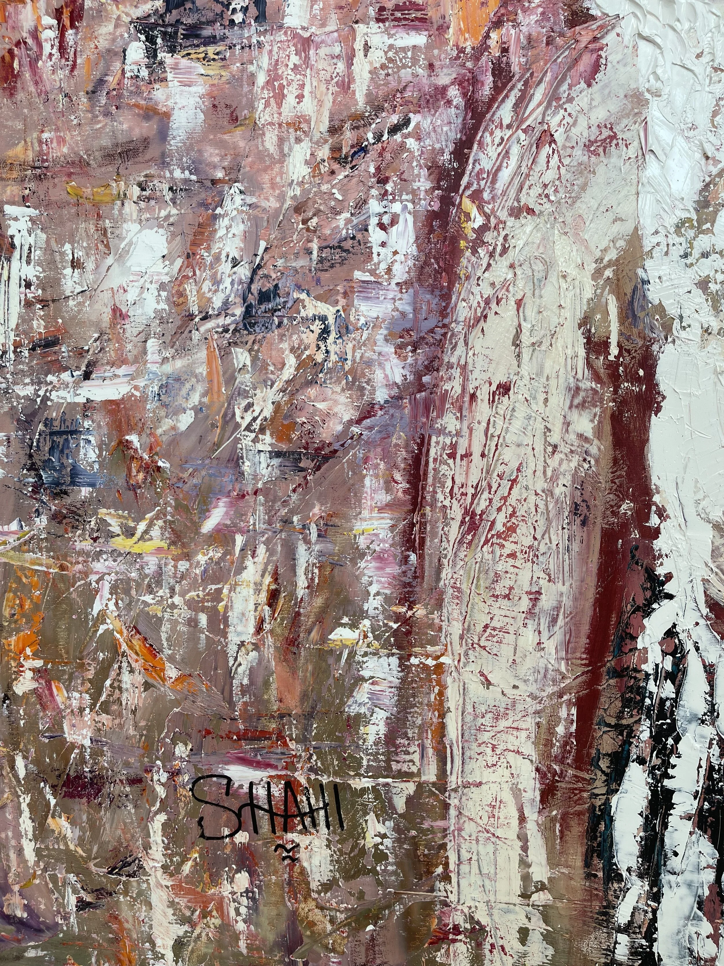 Abstract expressionist painting with thick, textured brushstrokes in shades of pink, beige, white, black, and hints of orange and yellow. The artist's signature, 'SHAFI,' is visible in the bottom left corner.