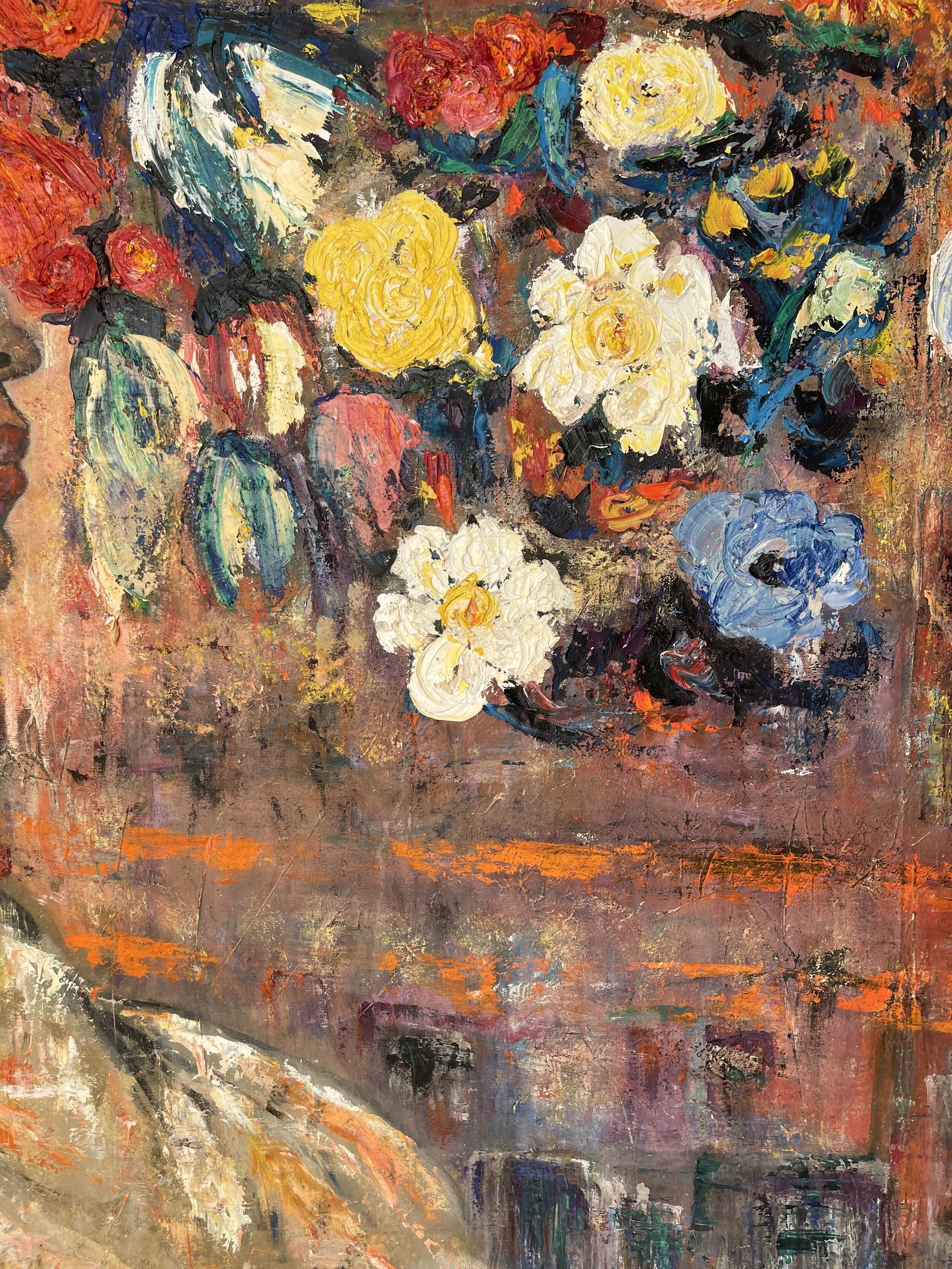 An abstract impressionist painting of a vase with colorful flowers, including yellow, white, blue, and red blooms, on a textured earthy background.