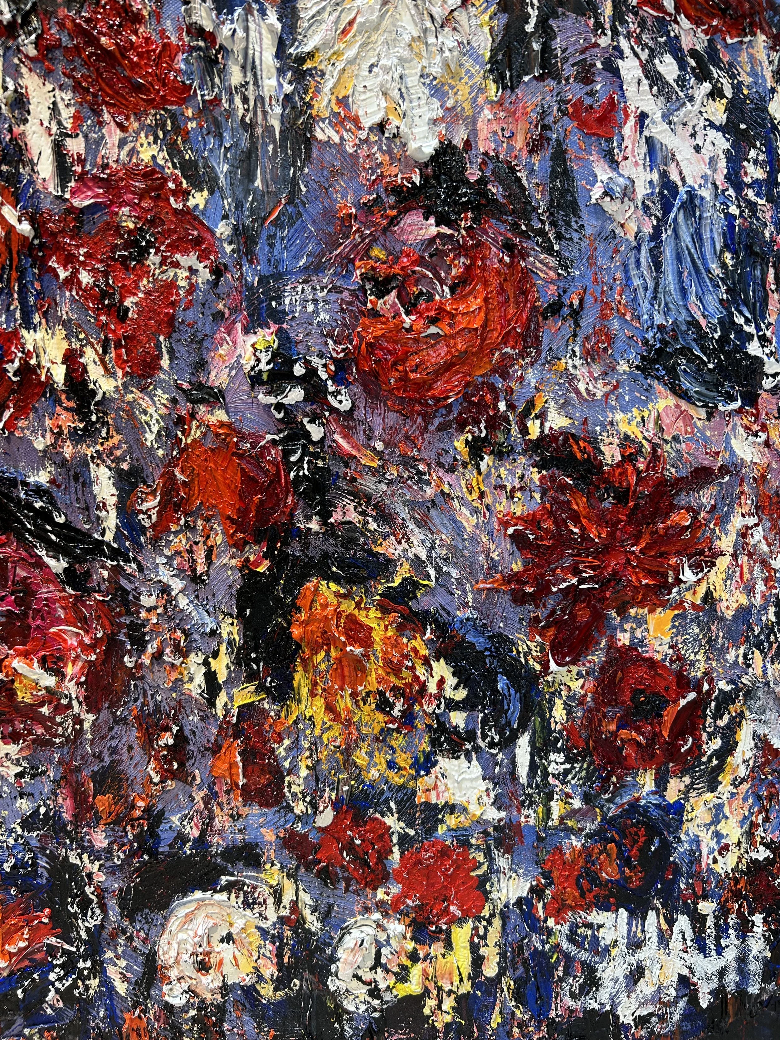 Abstract oil painting featuring vibrant reds, yellows, blacks, whites, and blues, with thick textured brushstrokes creating a lively and expressive composition.