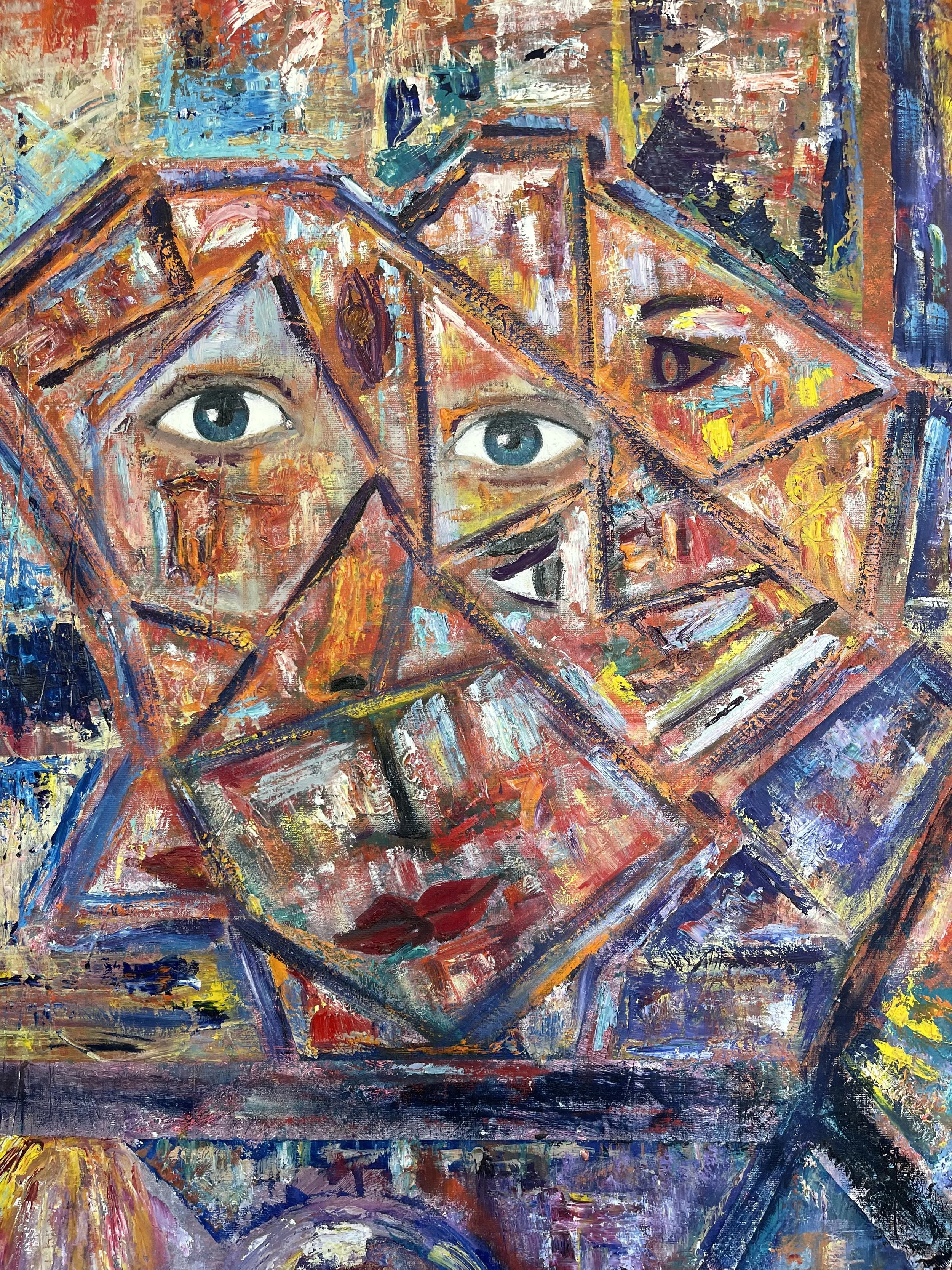 An abstract painting of a face with blue eyes, red lips, and geometric shapes, using a vibrant and textured palette with shades of orange, blue, purple, and yellow.
