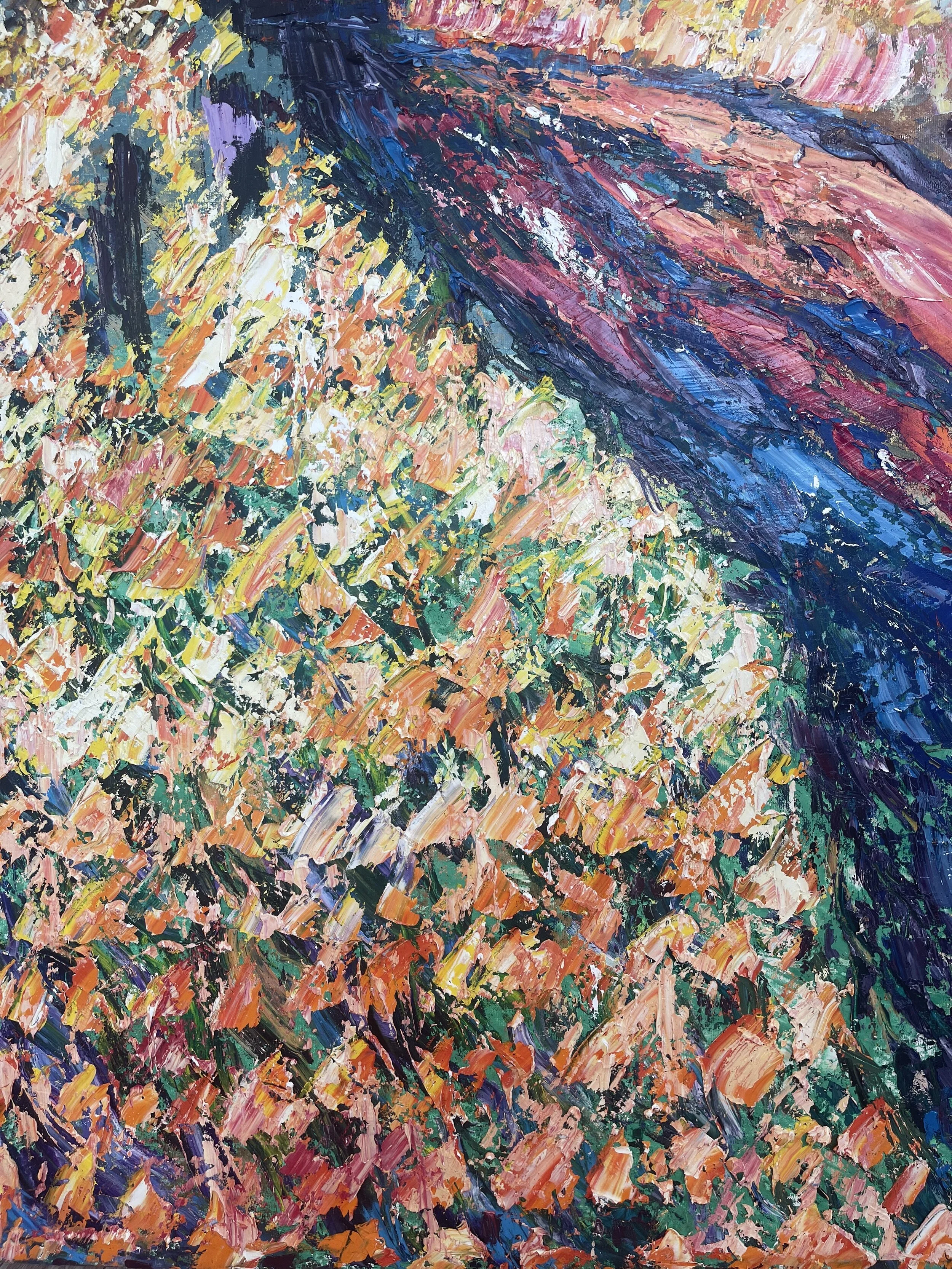 An abstract painting with thick, colorful brushstrokes in shades of pink, blue, yellow, green, black, and white.