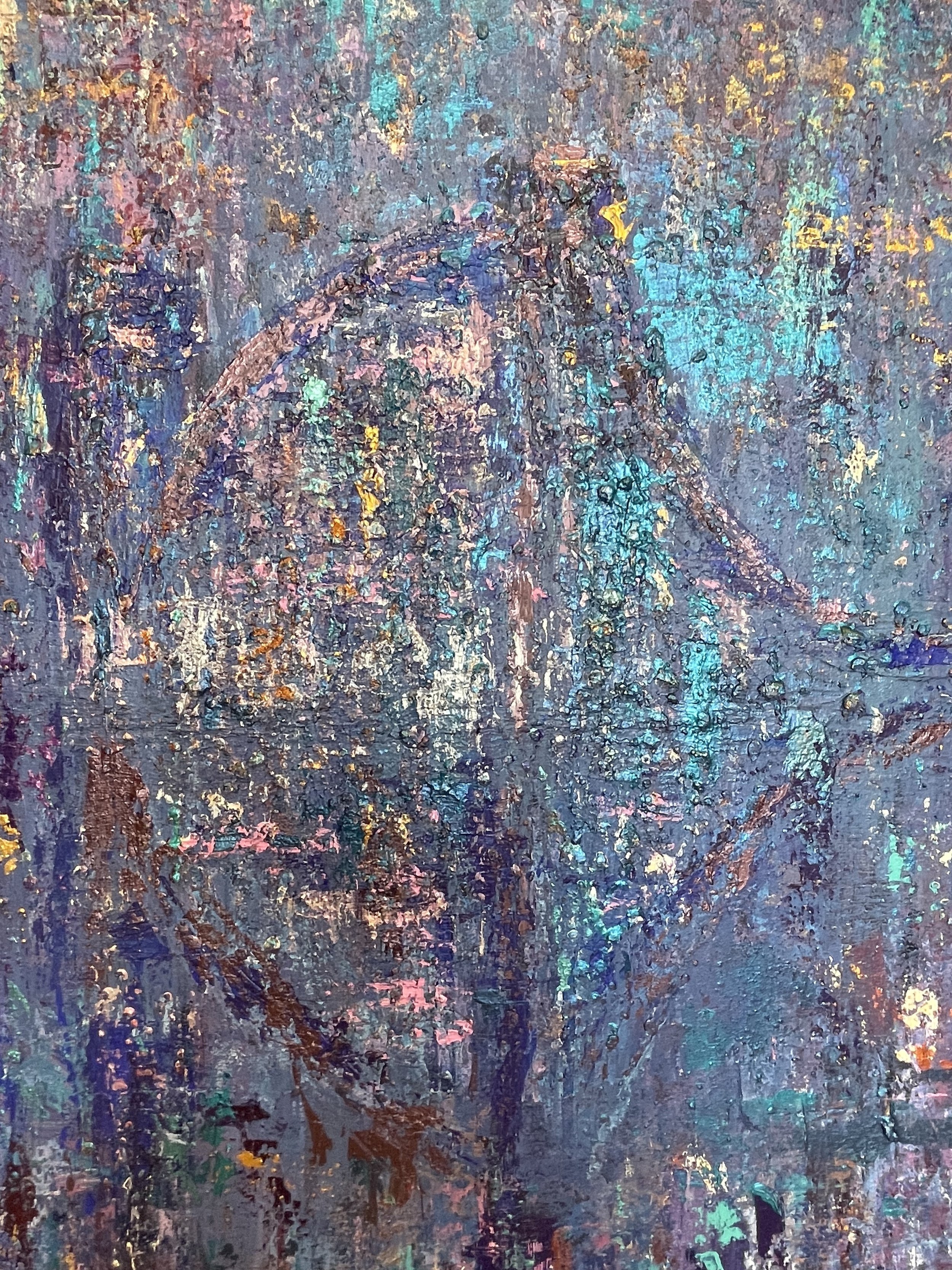 Abstract painting with a mix of vibrant colors, textured brushstrokes, and layered paint.