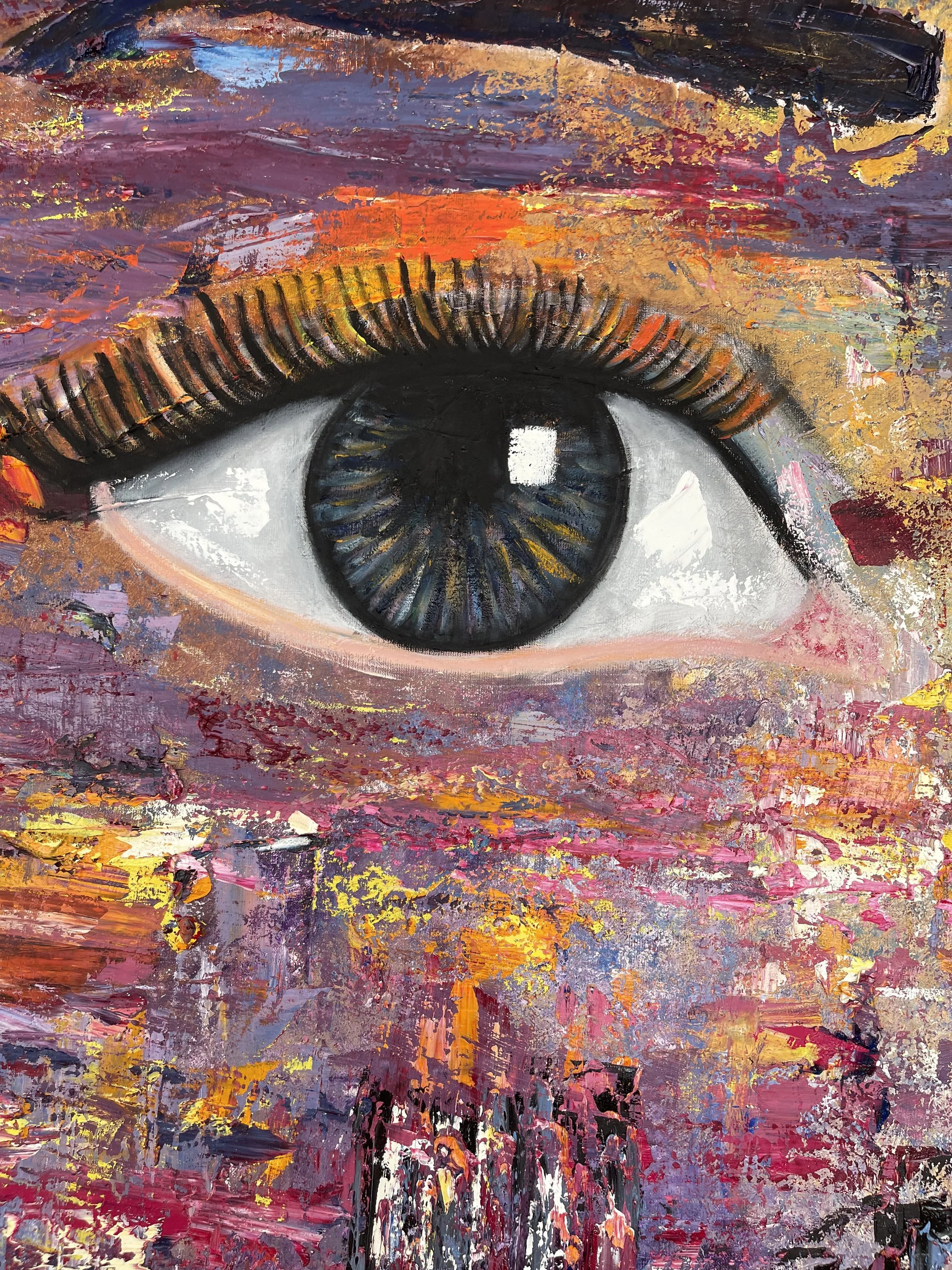 Abstract painting of a human eye with a colorful and textured background, featuring shades of purple, orange, pink, and yellow.