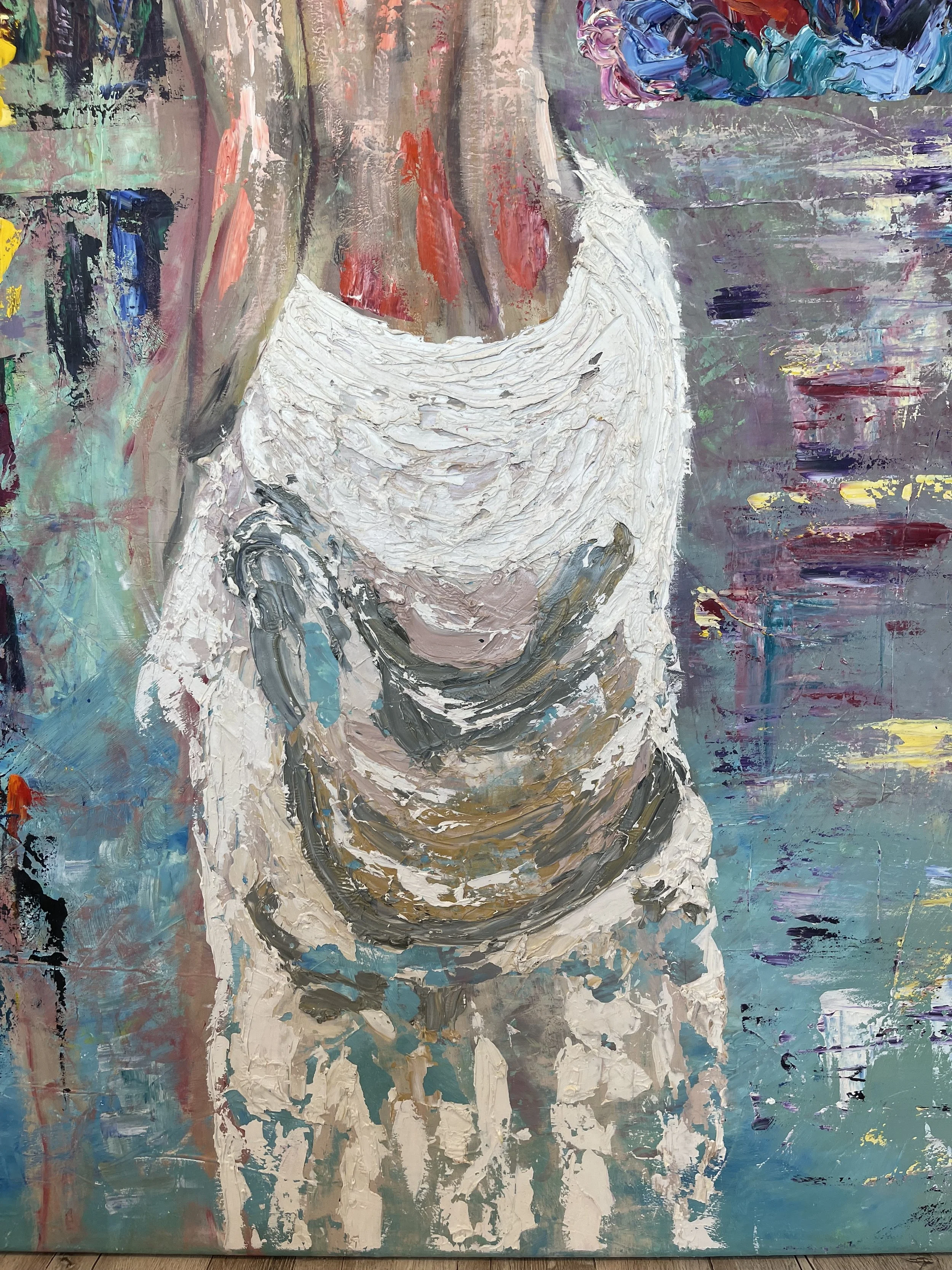 Abstract painting of a bald woman with red markings on her head, wearing a white shirt, seated with her head down and arm resting on her knee. Bold brushstrokes and vibrant colors create a textured background.