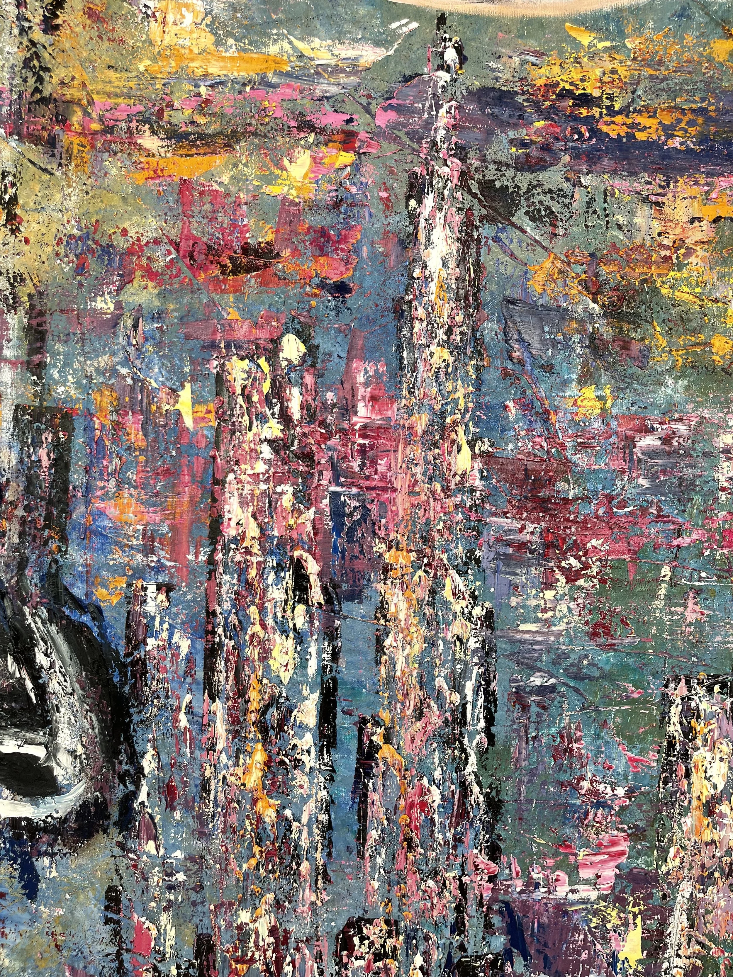 Abstract colorful painting with brushstrokes of pink, yellow, blue, purple, and black, layered to create a textured surface.