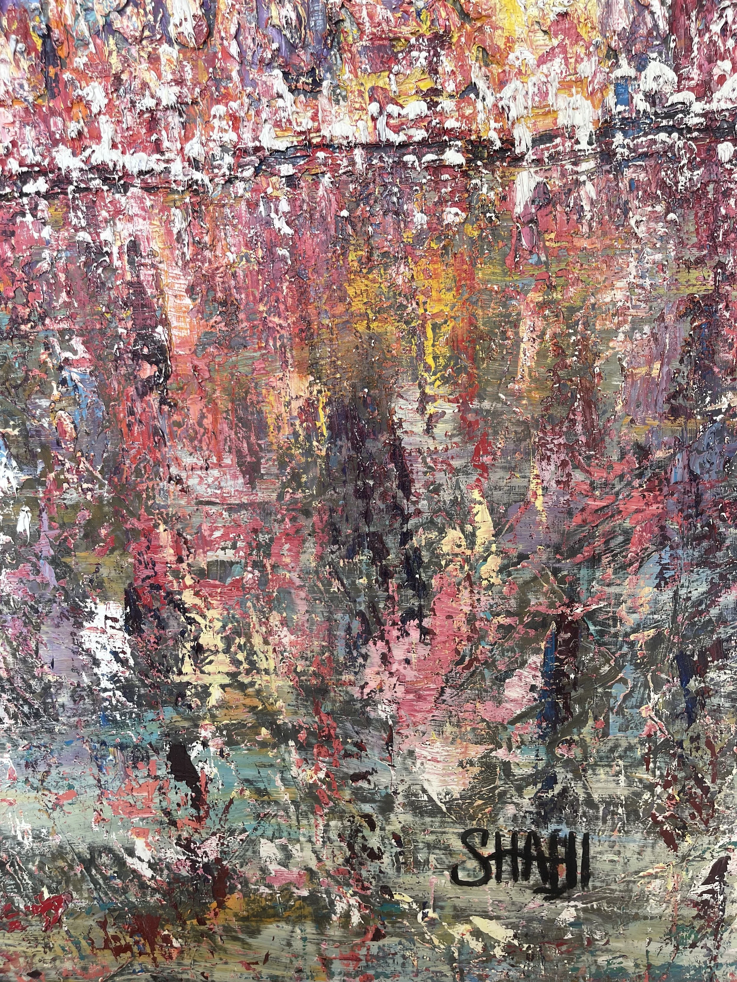 Abstract impressionist painting with pink, yellow, black, white, and other colors, signed by Shan.