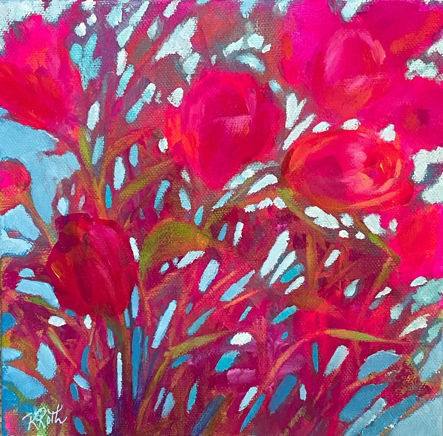Can you tell I enjoy negative painting?  Ha! Ha!  I know tulip season is over but that&rsquo;s what seemed to emerge outta the initial layers.  Had to go with the flow! New 8x8&rdquo; mini that I&rsquo;m thinking of putting into an upcoming fall show