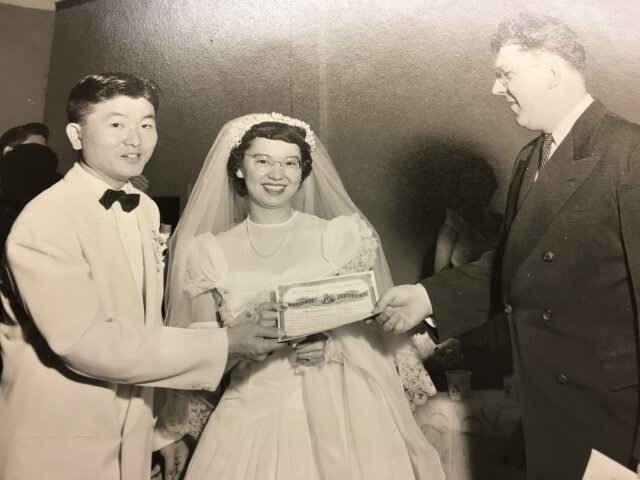 Wedding photo of Yosh and Grace in August 1950.