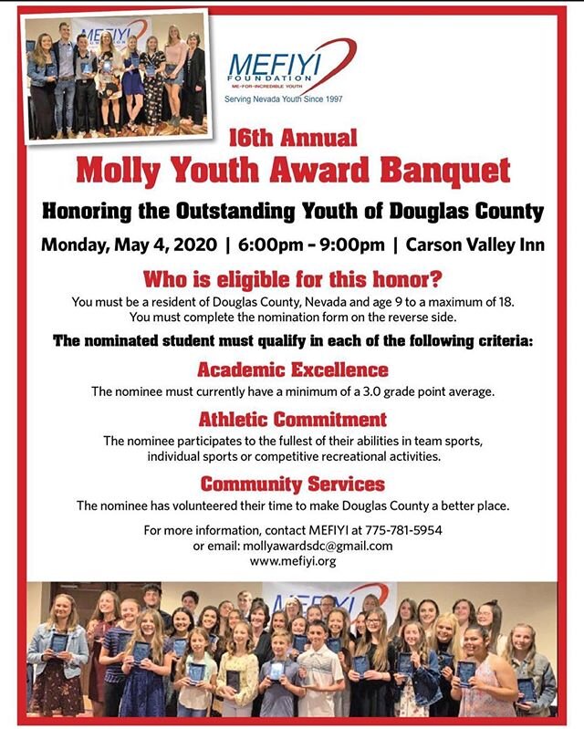 DUE TO RECENT EVENTS, WE ARE MOVING THE DUE DATE FOR MOLLY YOUTH AWARD APPLICATIONS NOMINATIONS FROM Friday April 10th TO A NEW DUE DATE OF FRIDAY, APRIL 24TH, 2020!! Three $1,000  Scholarships will be awarded to 2020 Senior Molly Award Winners!  Dow