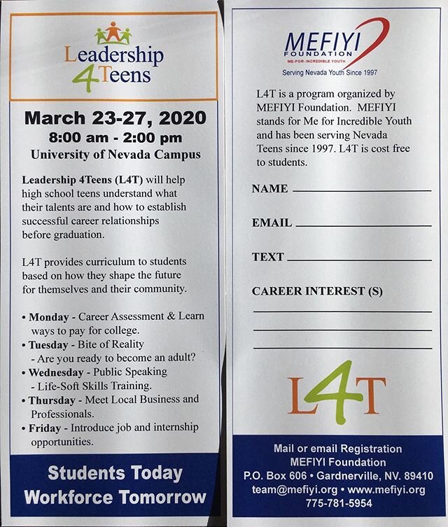 L4T ( Leadership 4 Teens) at UNR! Expanding students minds with challenging experiences! #mefiyi #joinustoday #meforincredibleyouth #studentstodayworkforcetomorrow