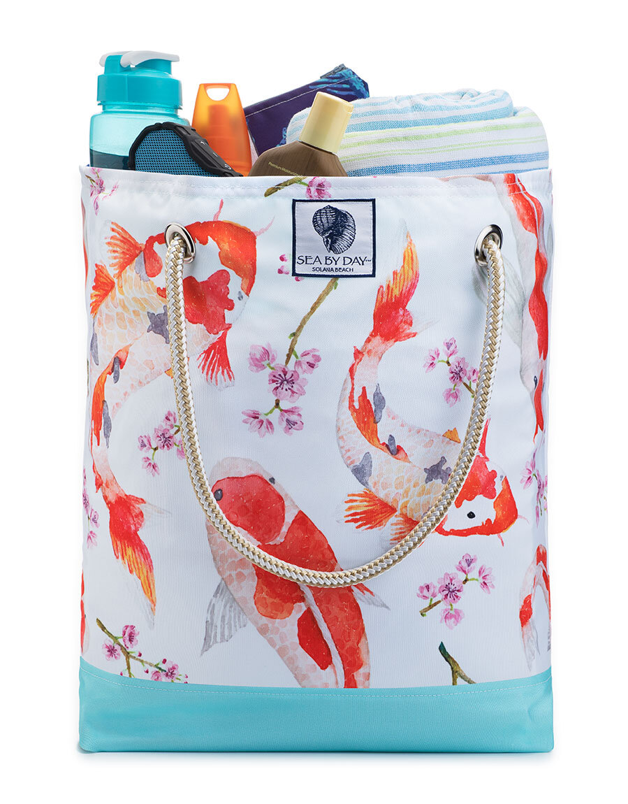 Peacock Snow Flurry Bucket Bag — Sea by Day — Sea by Day Beach Bags & Outdoor Pillows