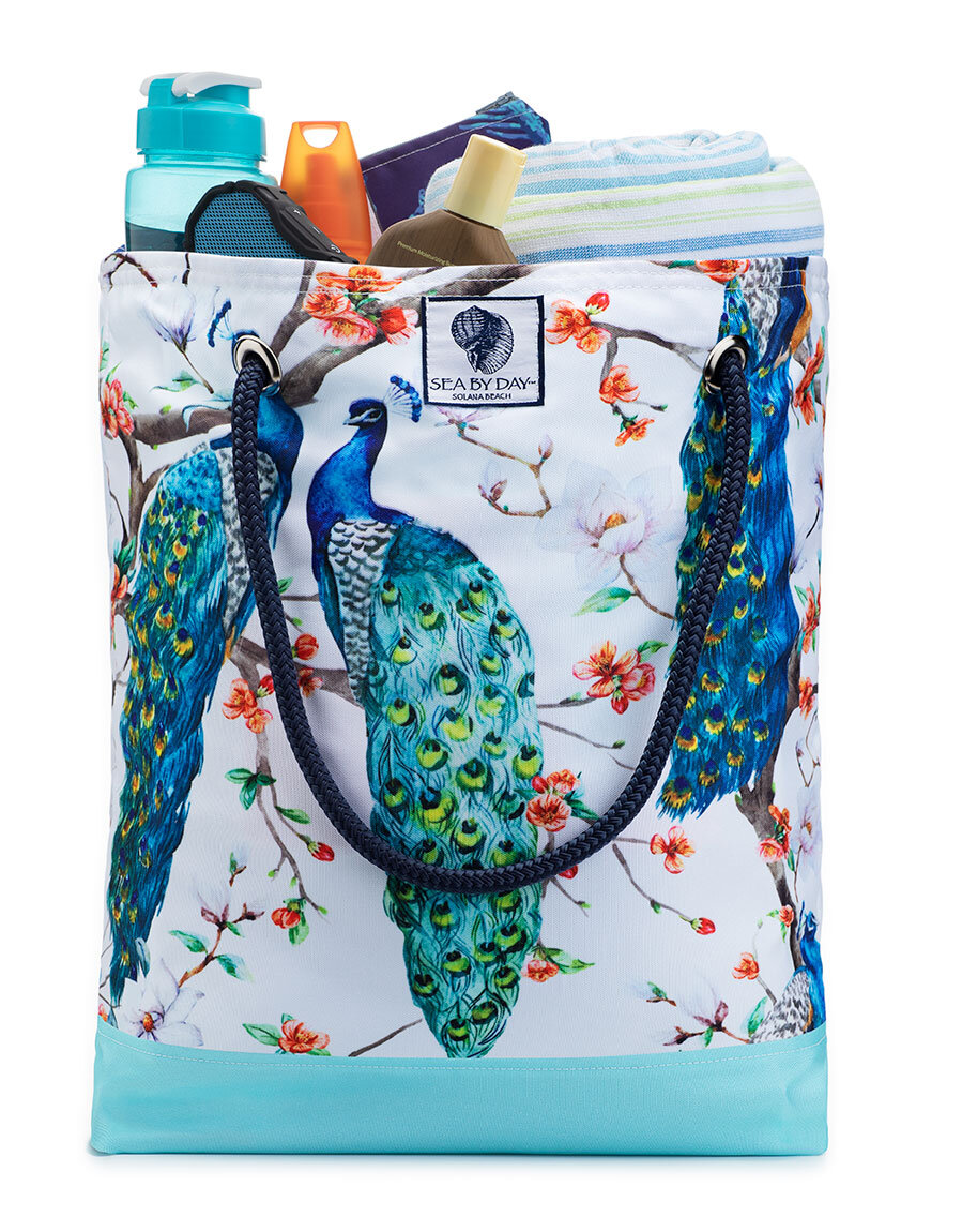 Peacock Snow Flurry Bucket Bag — Sea by Day — Sea by Day Beach Bags & Outdoor Pillows