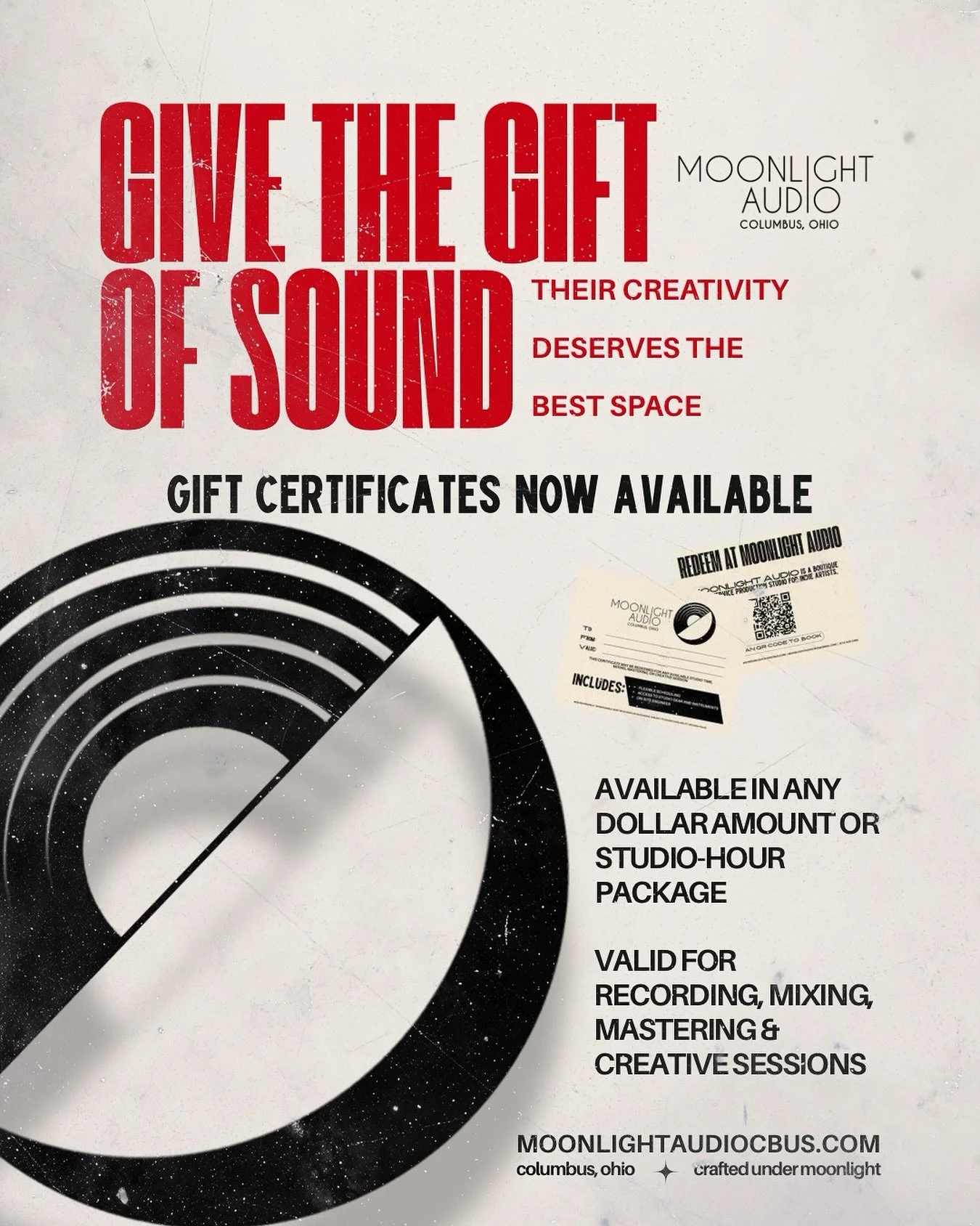 🌛Gift the artist in your life the space to create.

Moonlight Audio gift certificates are now available for the holidays &mdash; redeemable for recording, mixing, mastering, or any late-night idea worth capturing.
Message us to purchase. ✦