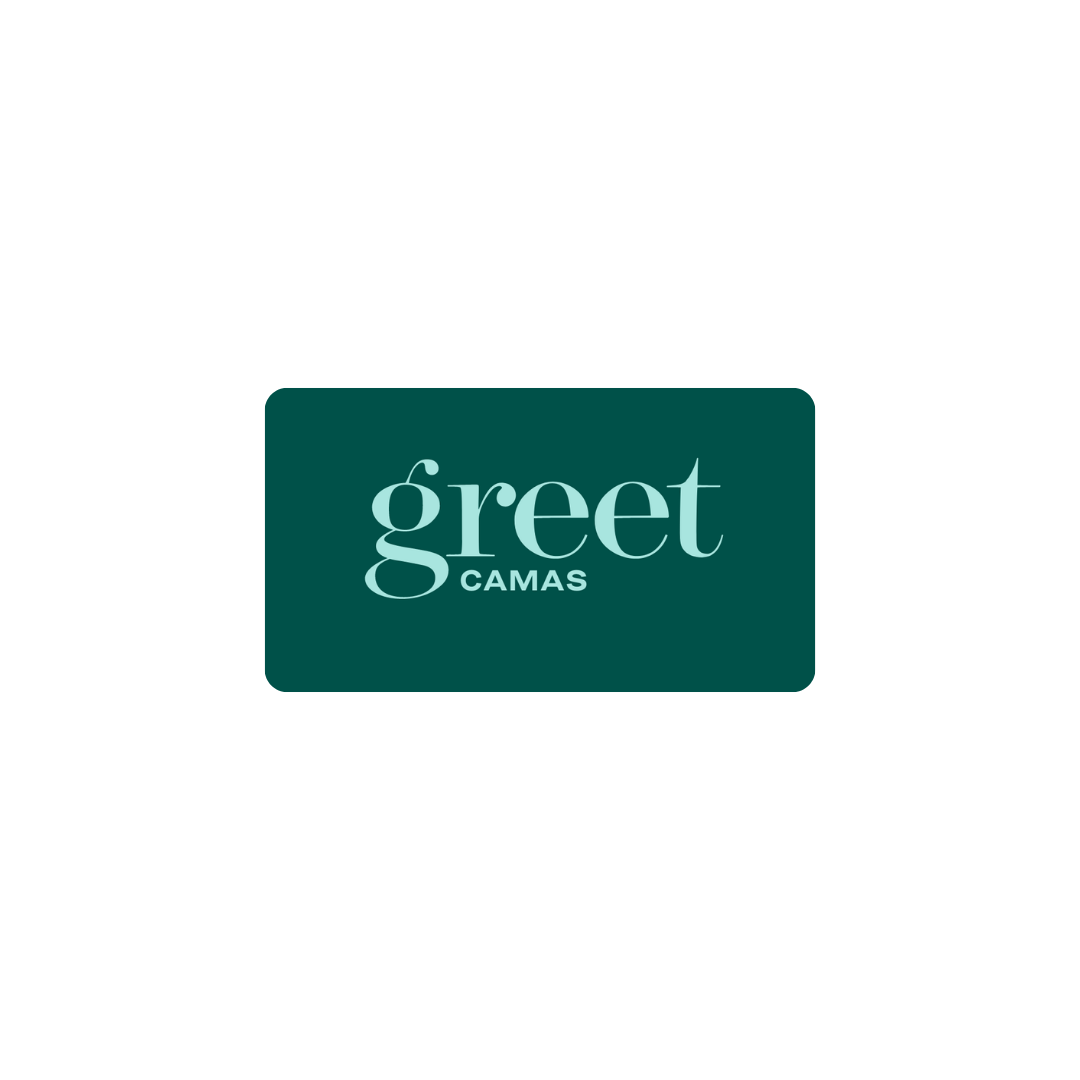 Logo with 'greet CAMAS' text on a green background.