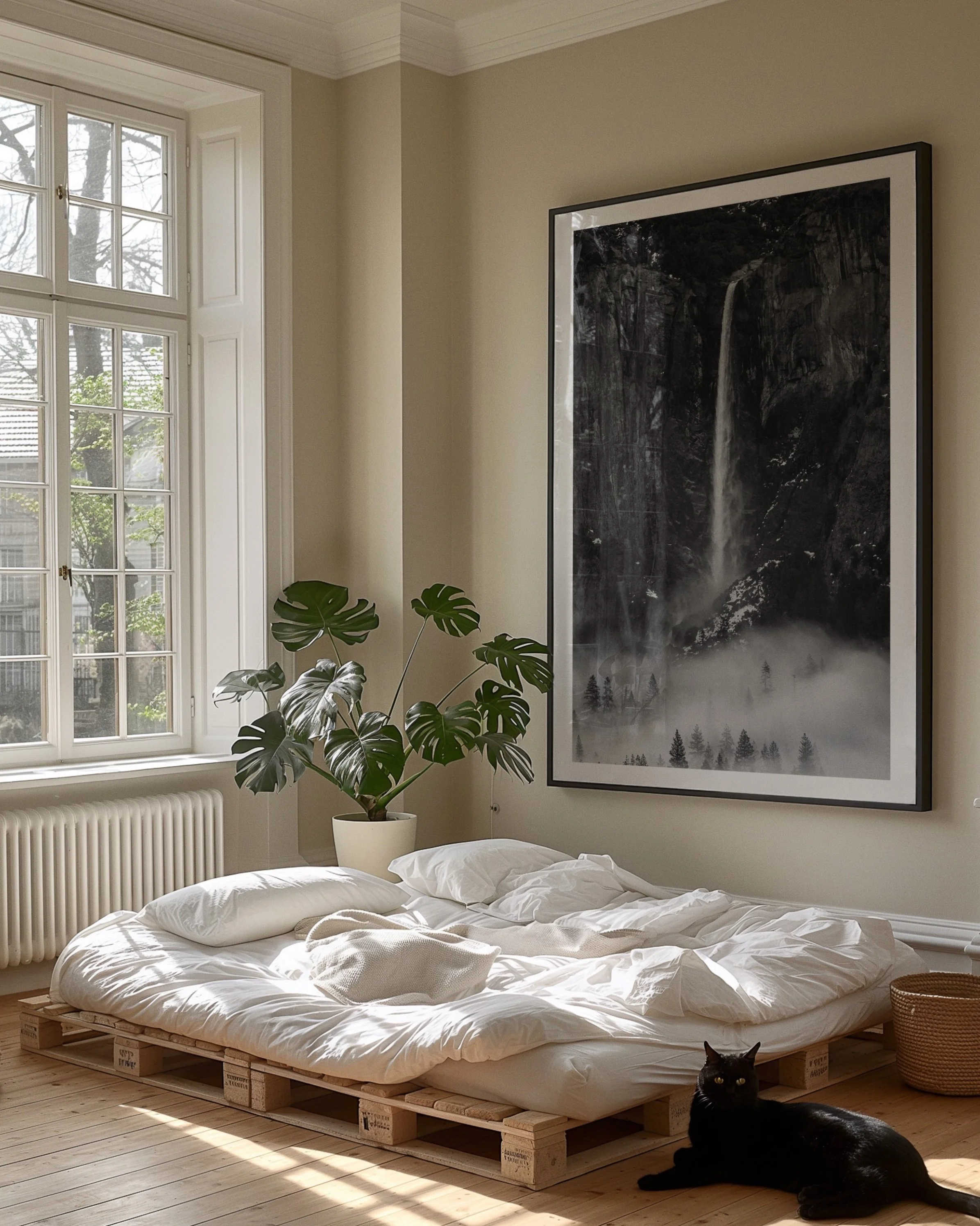 Minimalist bedroom with pallet bed, white bedding, large window, indoor plant, framed waterfall photo, and a black cat.