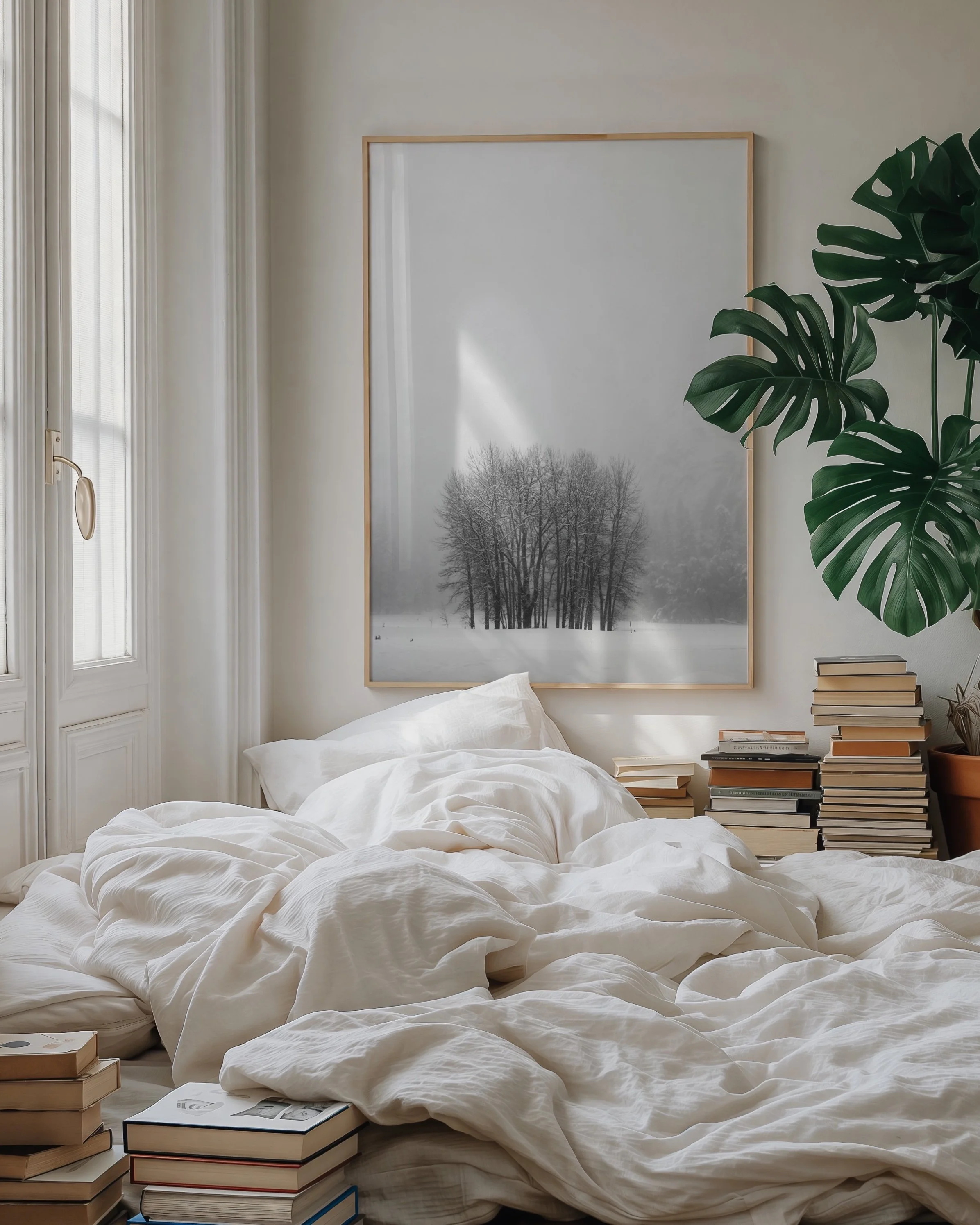 Cozy bedroom with unmade bed covered in white linens, surrounded by stacks of books. A large framed black and white photograph of trees in snow hangs on the wall. Large windows and a potted monstera plant are visible.
