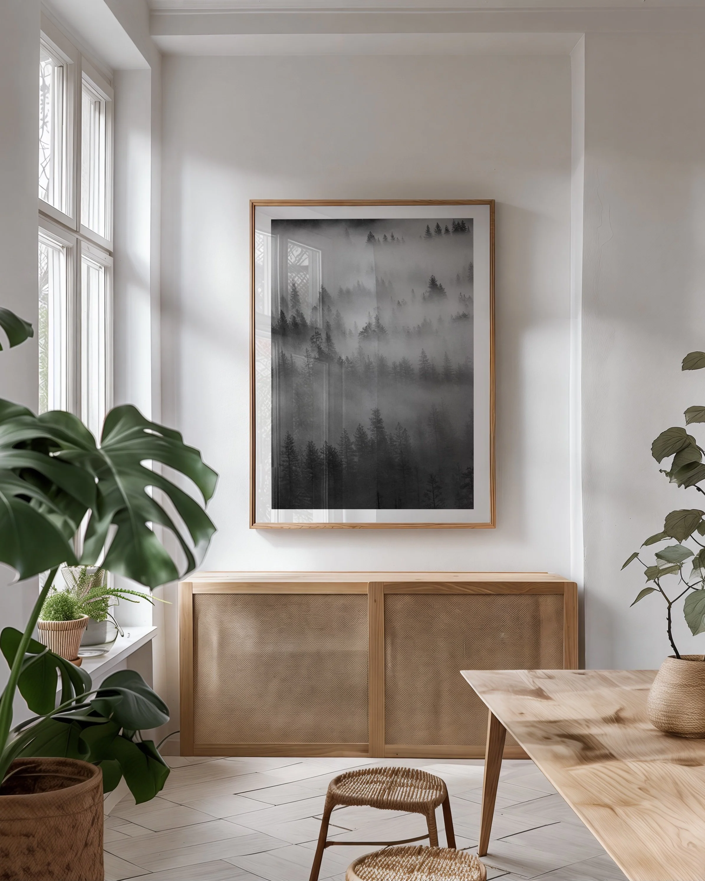 Minimalist room with framed foggy forest photograph, wooden furniture, and potted plants.
