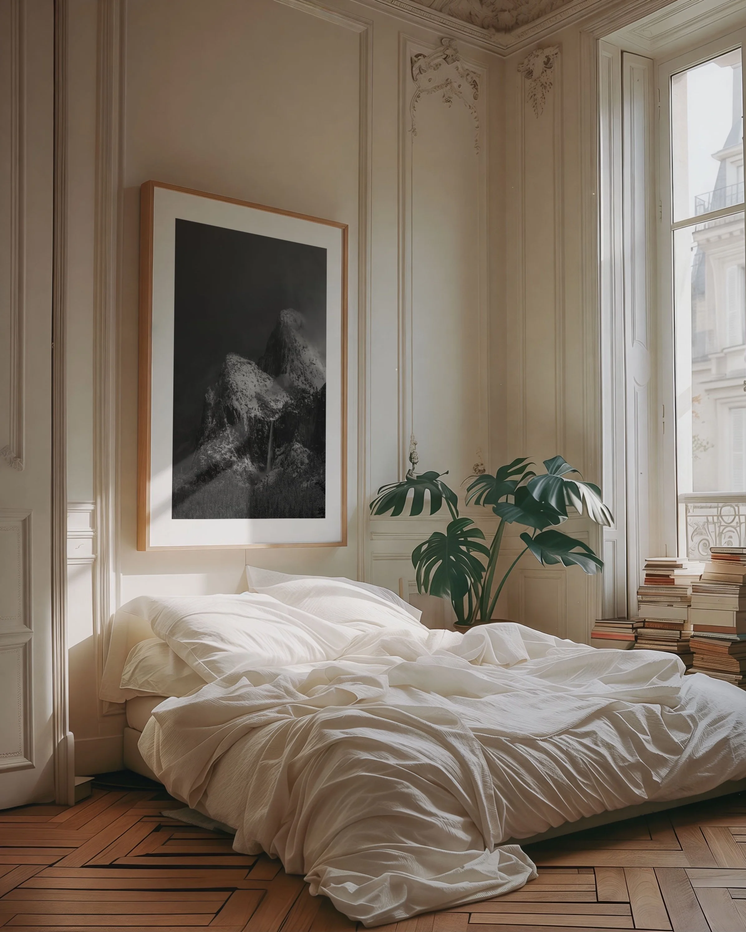 Elegant bedroom with an unmade white bed, a large framed mountain photo on the wall, a potted plant, and stacks of books by a window.