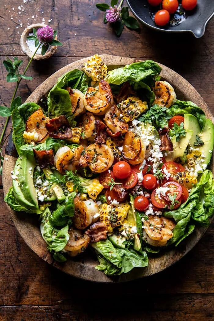 Honey Garlic Shrimp Corn and Avocado Bacon Salad