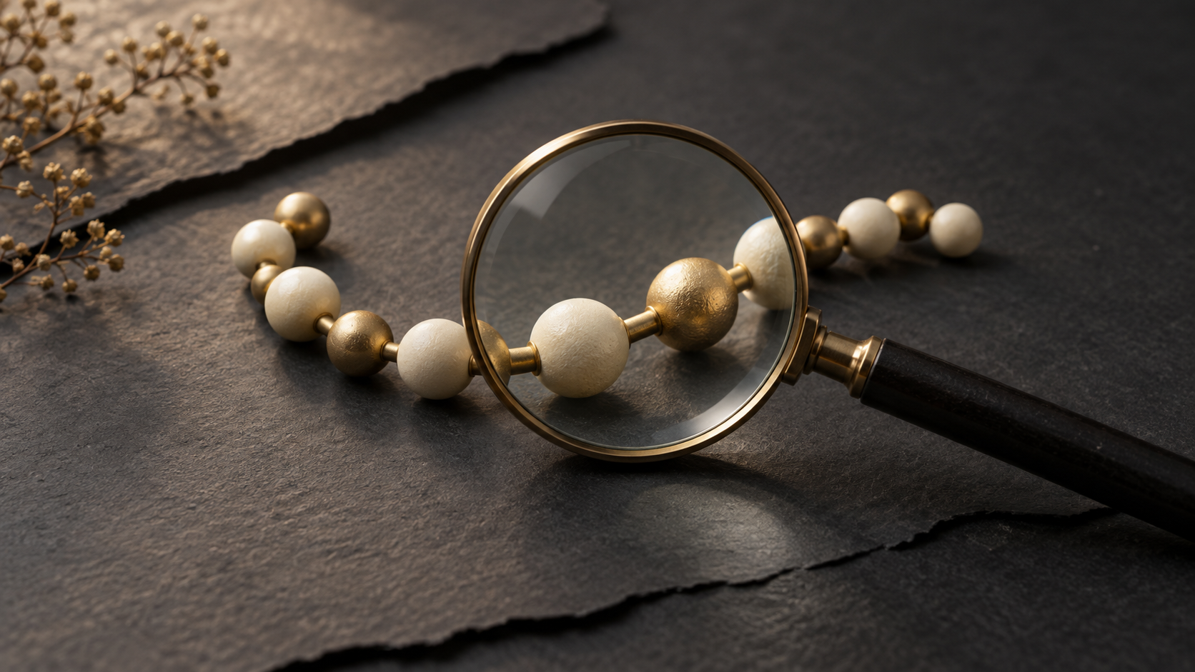 A magnifying glass over linked ivory and gold beads, a conceptual illustration of examining peptide claims.