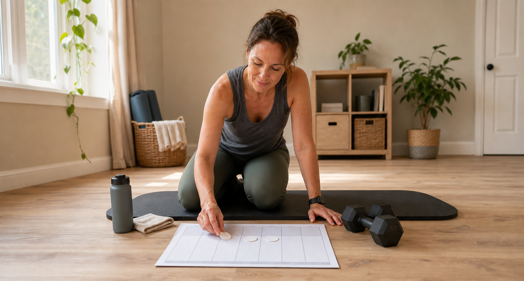 Woman planning her weekly home strength workouts beside a mat and dumbbells