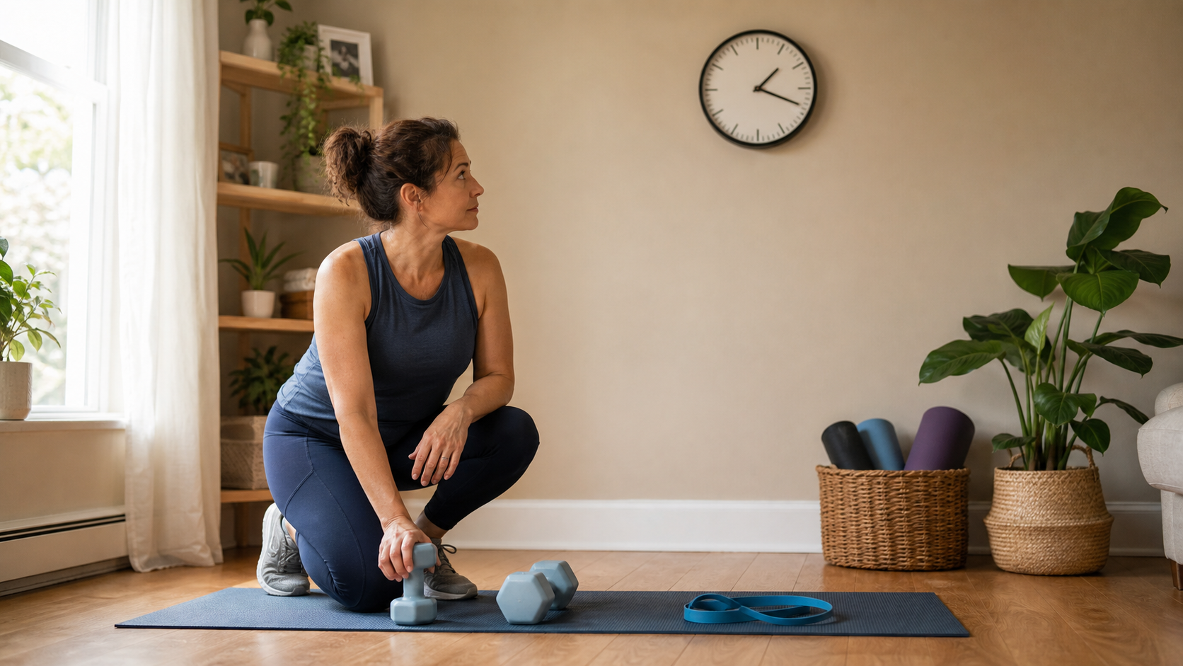 Woman preparing for a home workout beside dumbbells, a mat, resistance band, and a wall clock