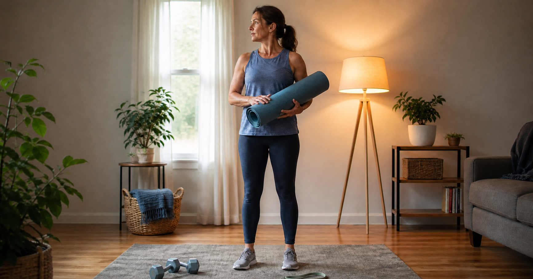 Woman choosing a home workout time between bright window light and a warm evening lamp