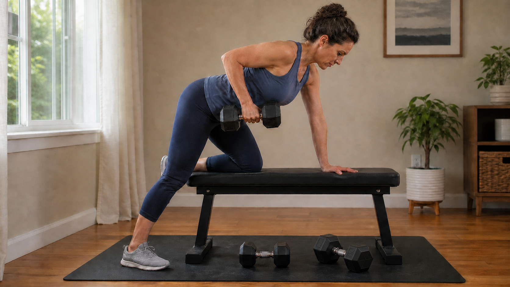 Woman testing a dumbbell row with lighter and heavier weights ready nearby