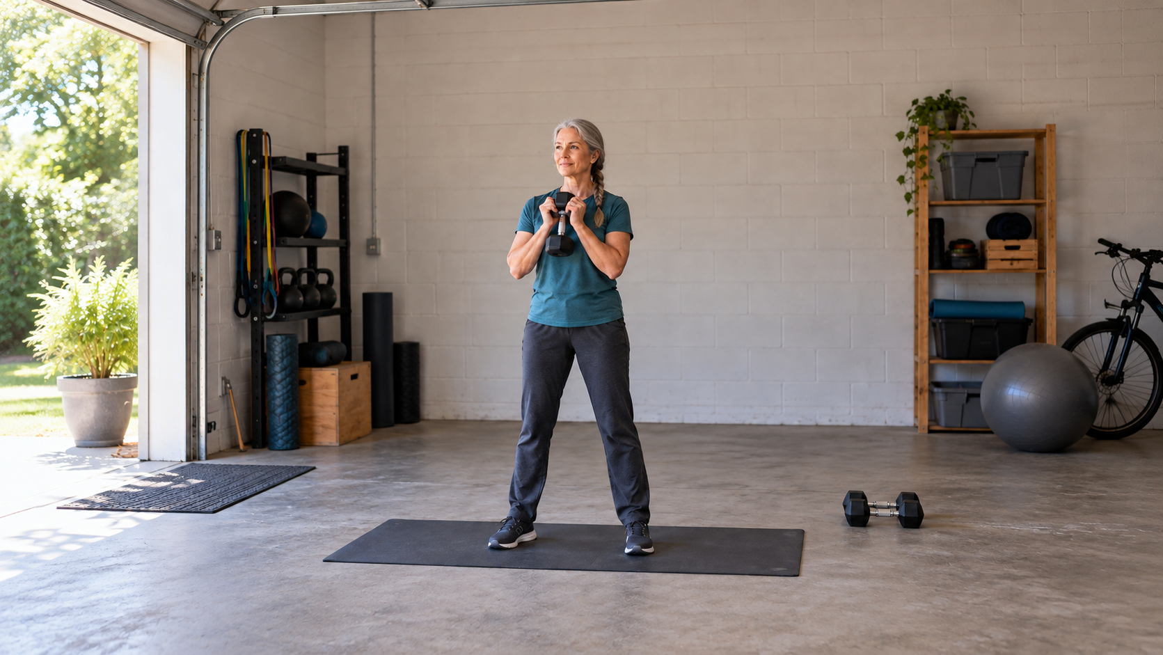 Woman standing on an exercise mat with a dumbbell at her chest, ready to begin a strength session.