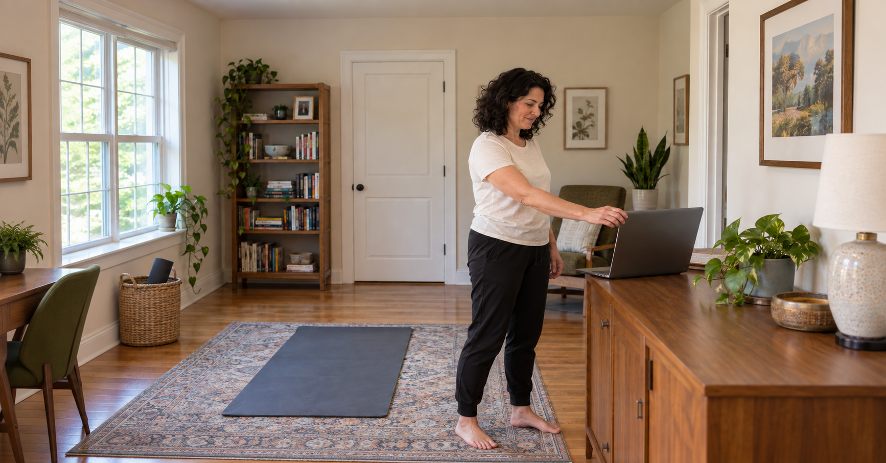 Woman adjusting a laptop screen on a sturdy sideboard beside an exercise mat in a home office.
