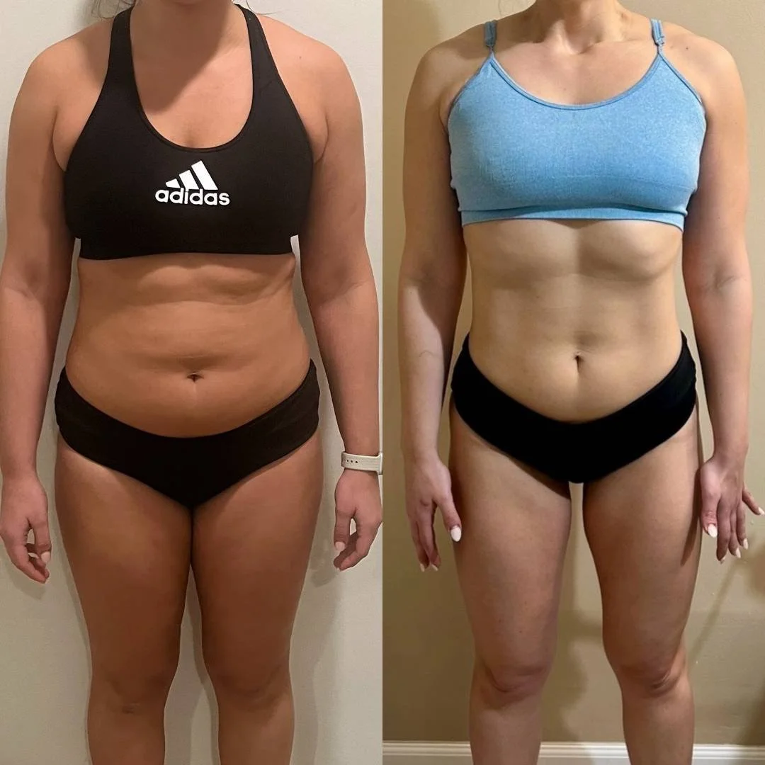 Side-by-side comparison of a woman before and after weight loss, wearing athletic clothing, showing a flatter abdomen and improved muscle tone.