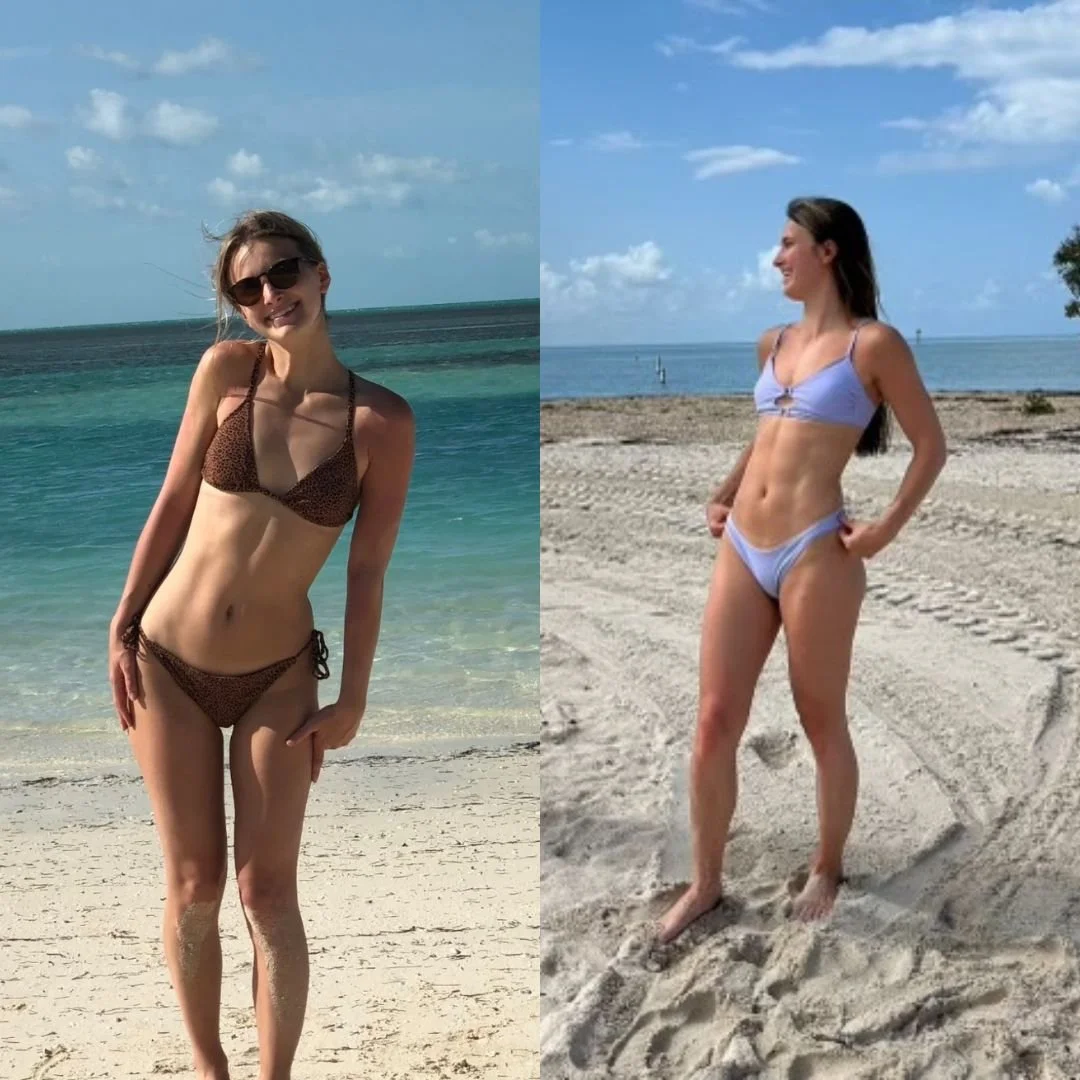Two women posing in bikinis on a beach, with a backdrop of ocean and blue sky. The woman on the left is wearing a brown bikini, and the woman on the right is in a light purple bikini.