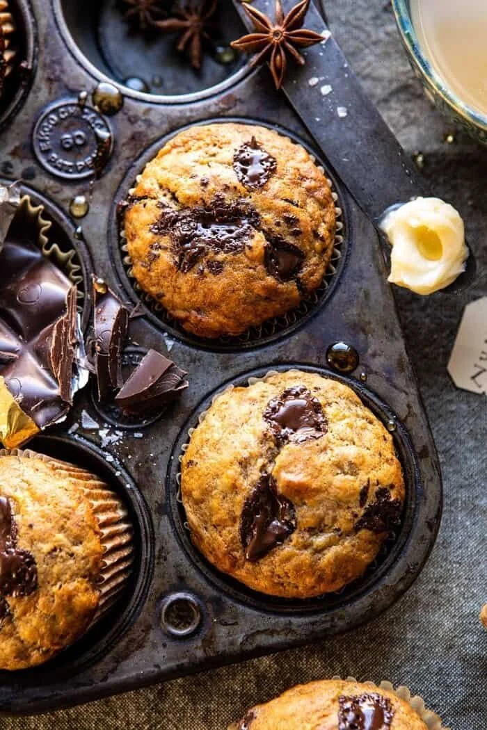 One Bowl Chocolate Chunk Chai Banana Muffins