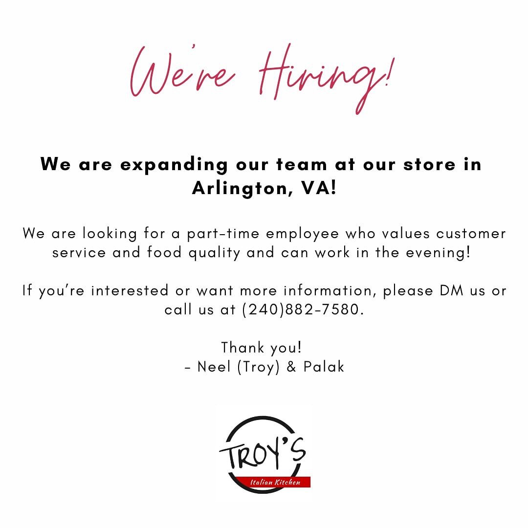 Troys Italian kitchen is now hiring if you know anyone who&rsquo;s looking for a job please DM us.