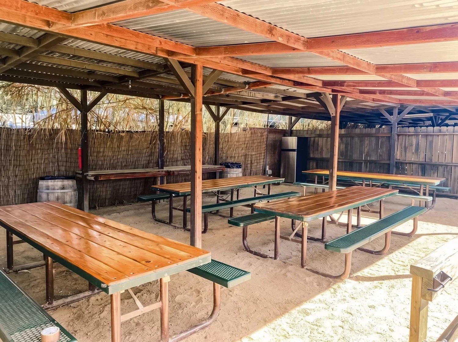 Covered picnic pavilion interior with tables