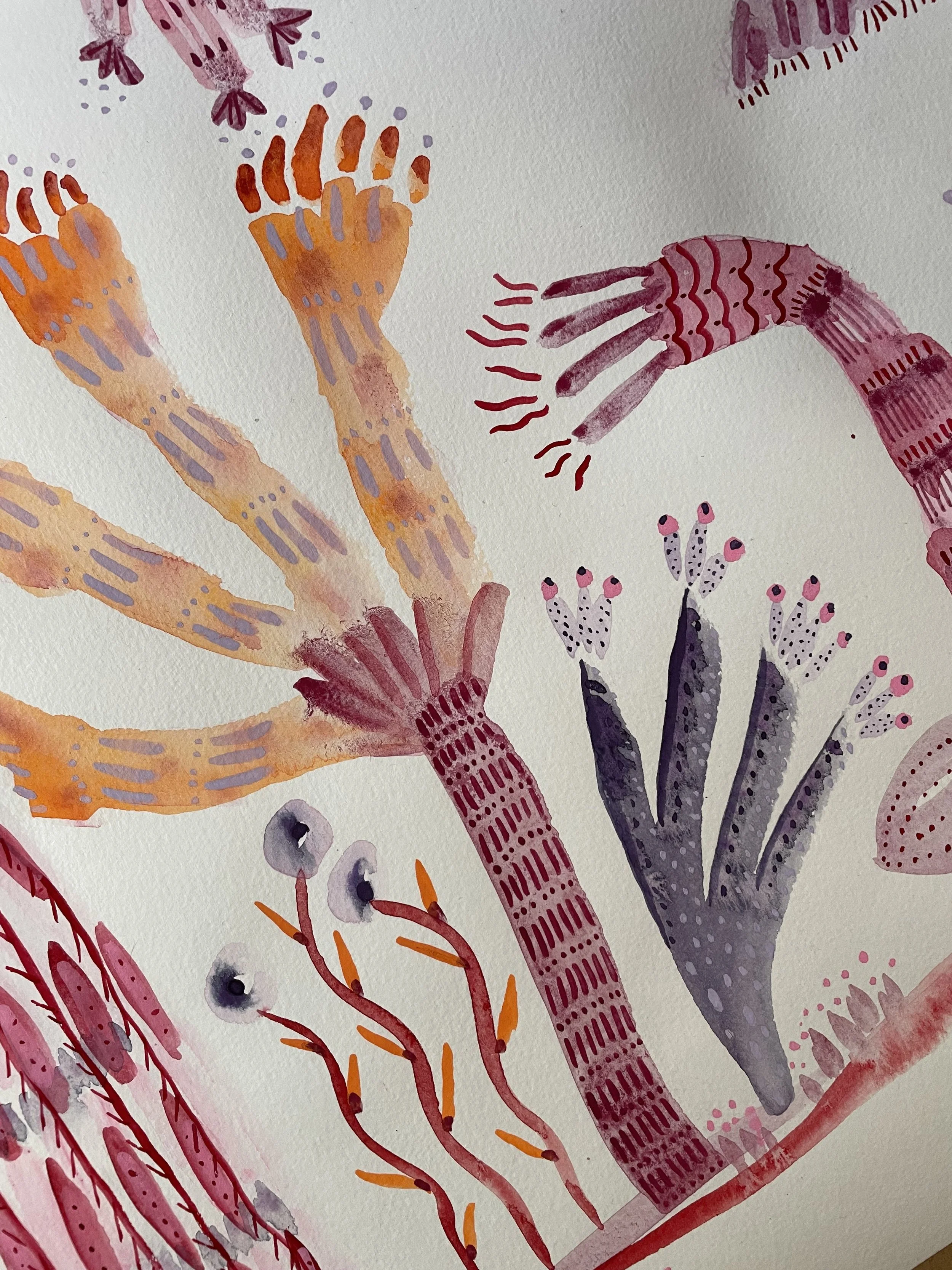 Detail of red, purple, and orange abstract florals