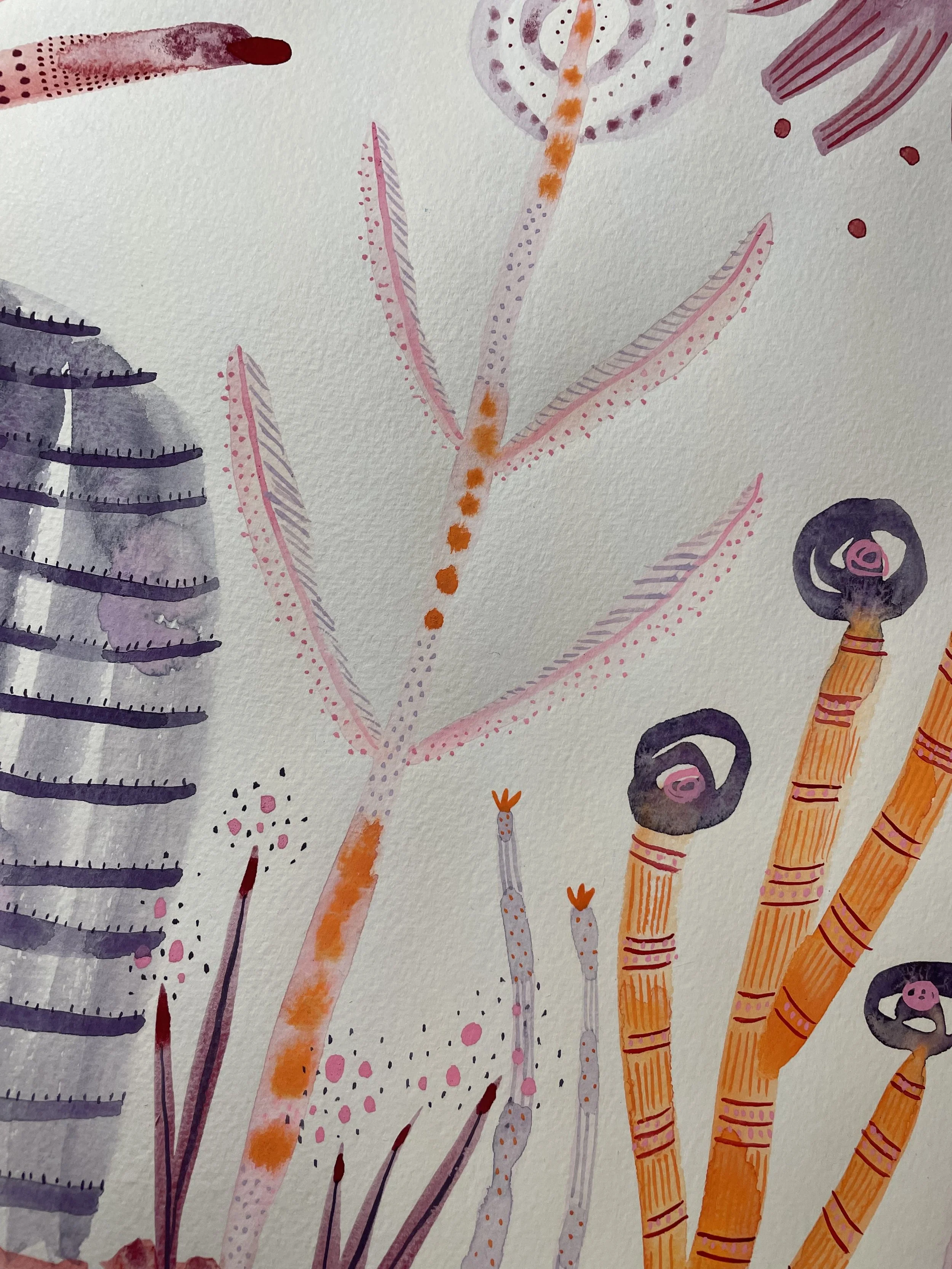 Detail of pink, purple, and orange abstract florals