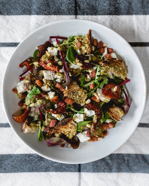 Pancetta, Sundried Tomato and Feta Salad with Pesto Croutons