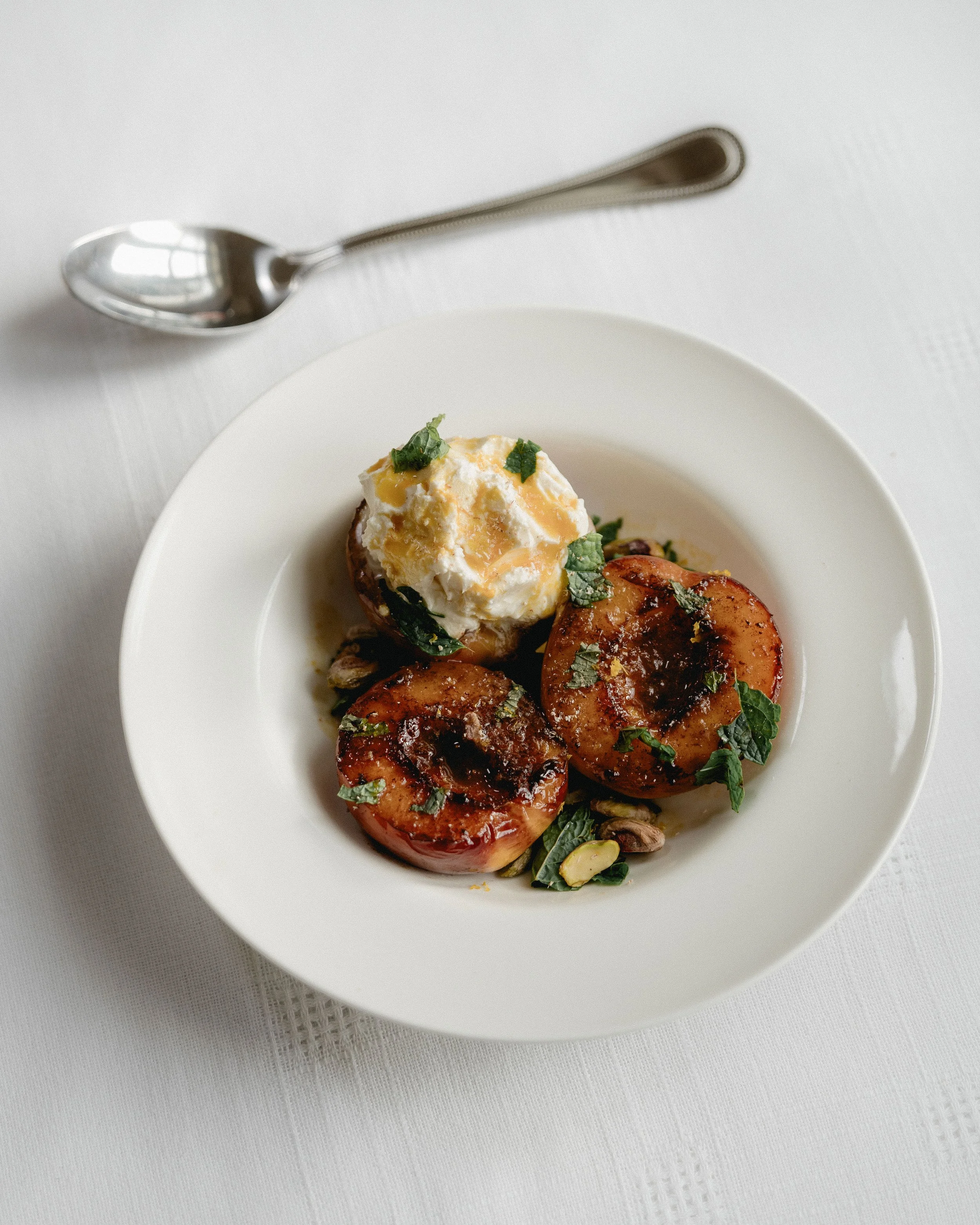 Fried Nectarines with Mascarpone, Mint, &amp; Citrus Whiskey Syrup