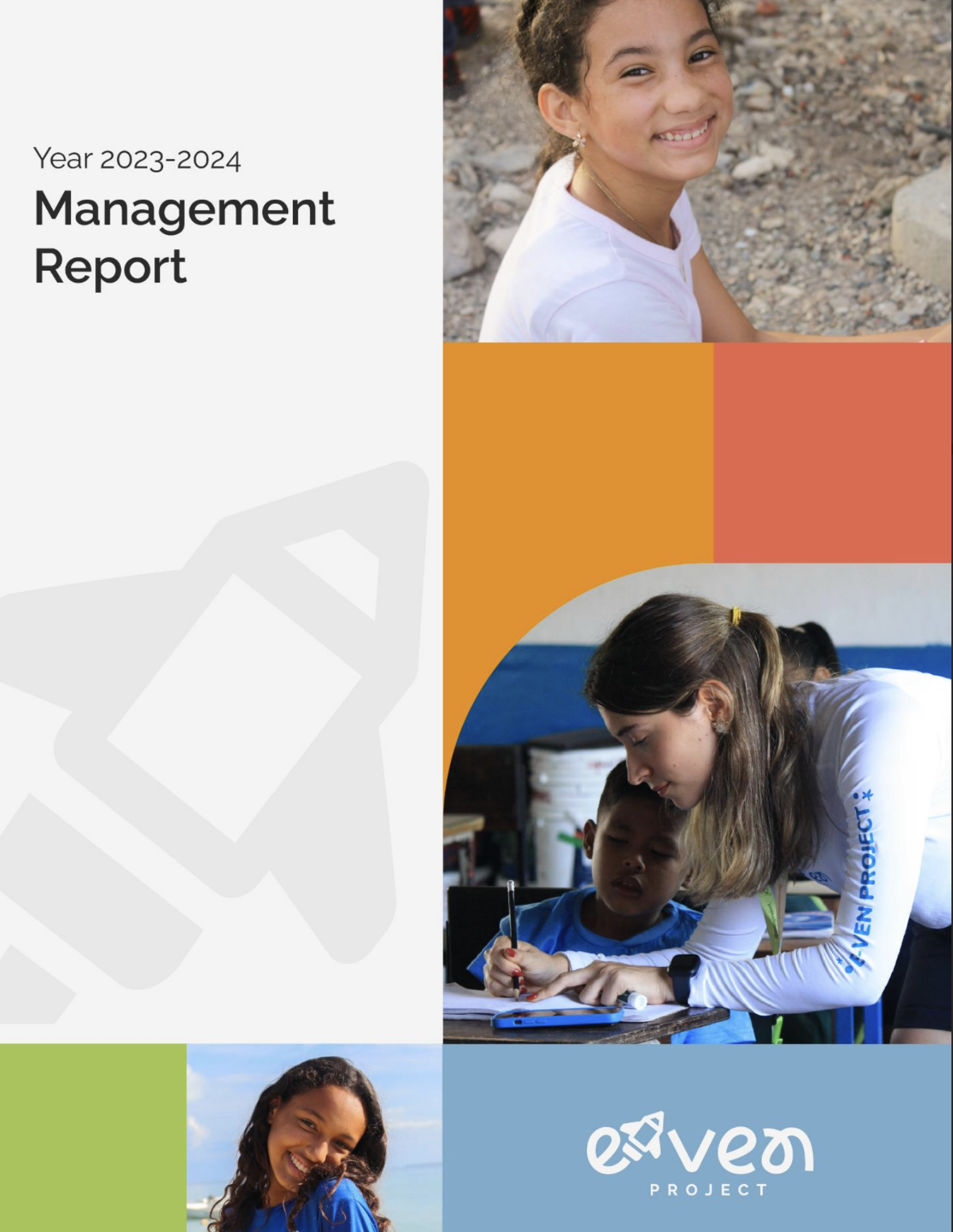 Cover page of the 2023-2024 management report featuring smiling children and the EVON Project logo.