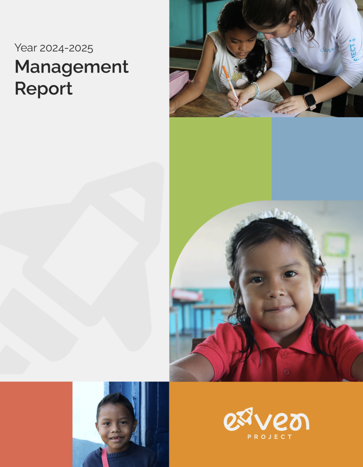 Cover of a management report for the year 2024-2025, featuring children and educators in classroom settings, colorful design elements, and the EVEO Project logo.