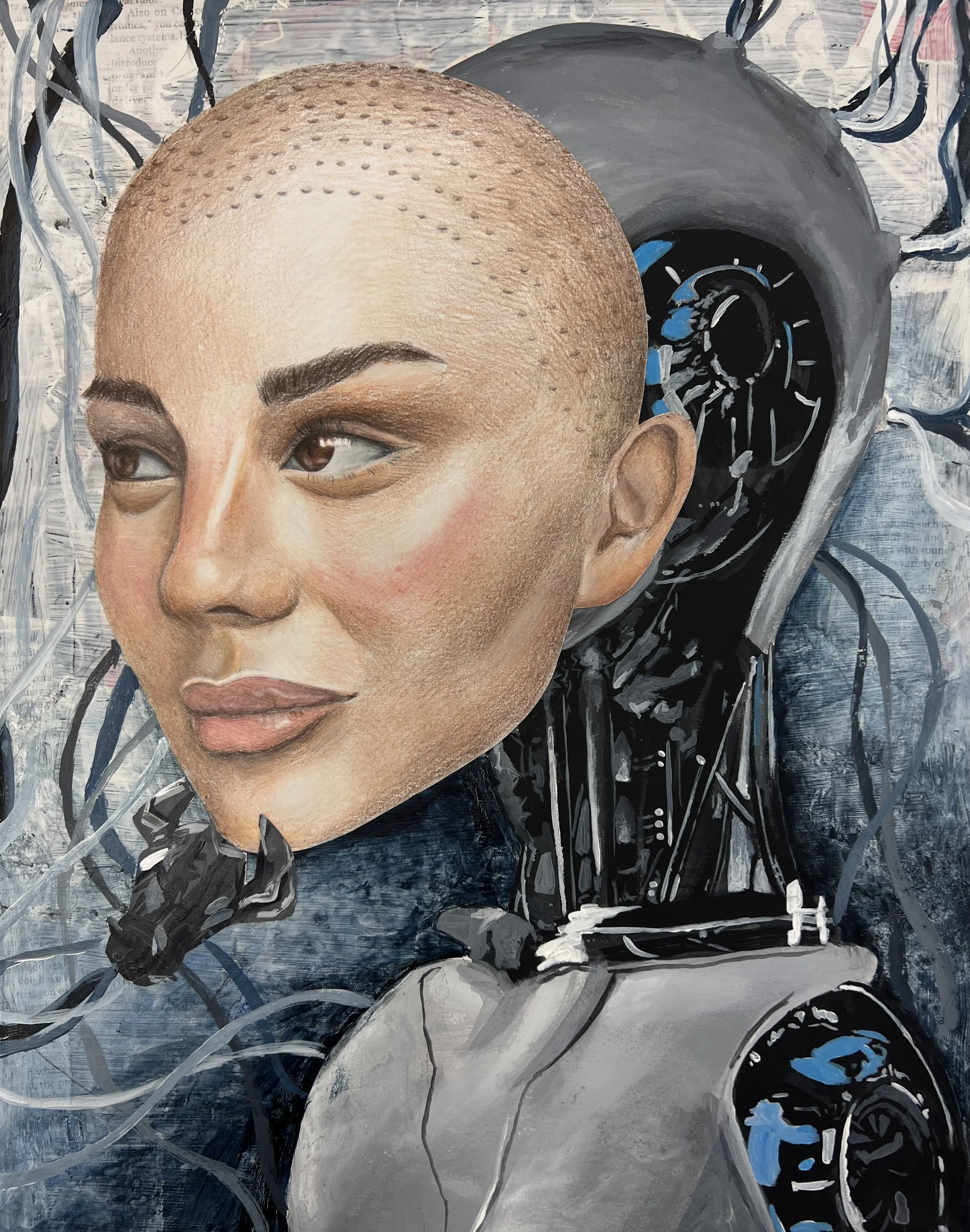 "Humanoid": The human face was drawn with colored pencils and the background was painted with acrylic paint on top of a magazine collage. This piece is about the future of technology and its relationship with humans - Joanna Chu