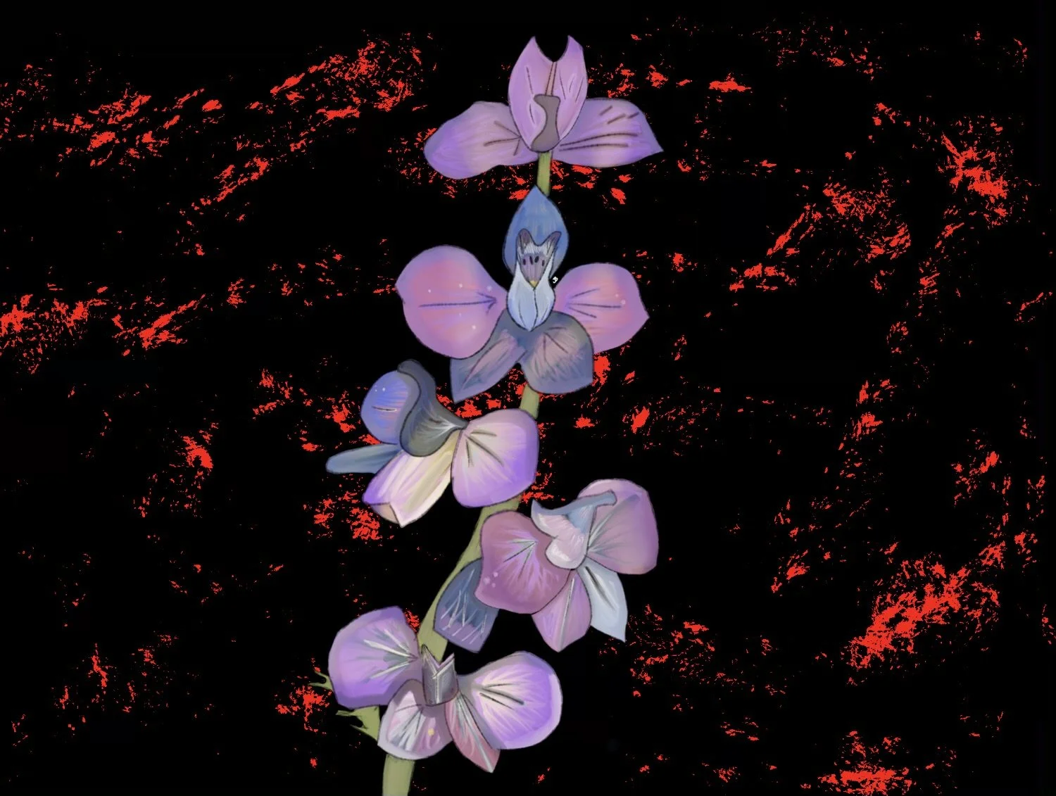  "Hyacinth" - Isabella Burns  This digital piece is inspired by the myth of Apollo and Hyacinthus. I hoped to show how tragedy can create beauty. 