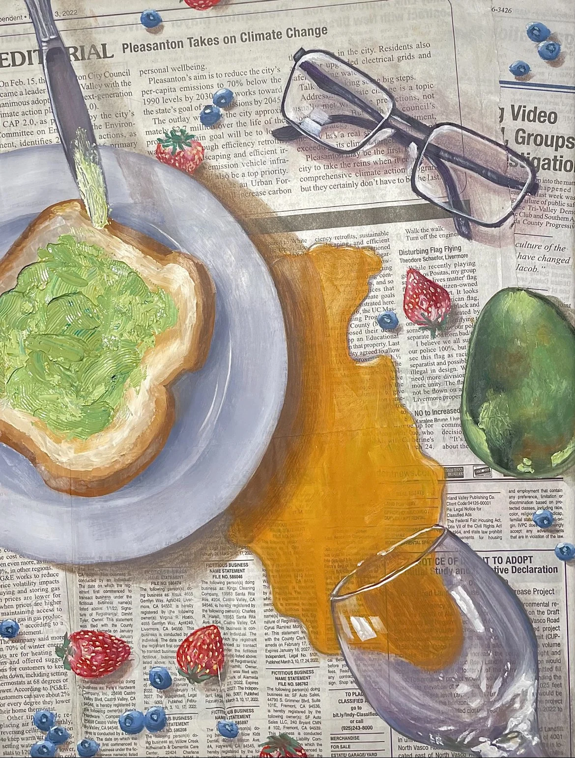 "Good Morning": The image of a morning breakfast was painted with oil paints on newspaper. This piece is about a lifestyle, specifically an imperfect one - Joanna Chu