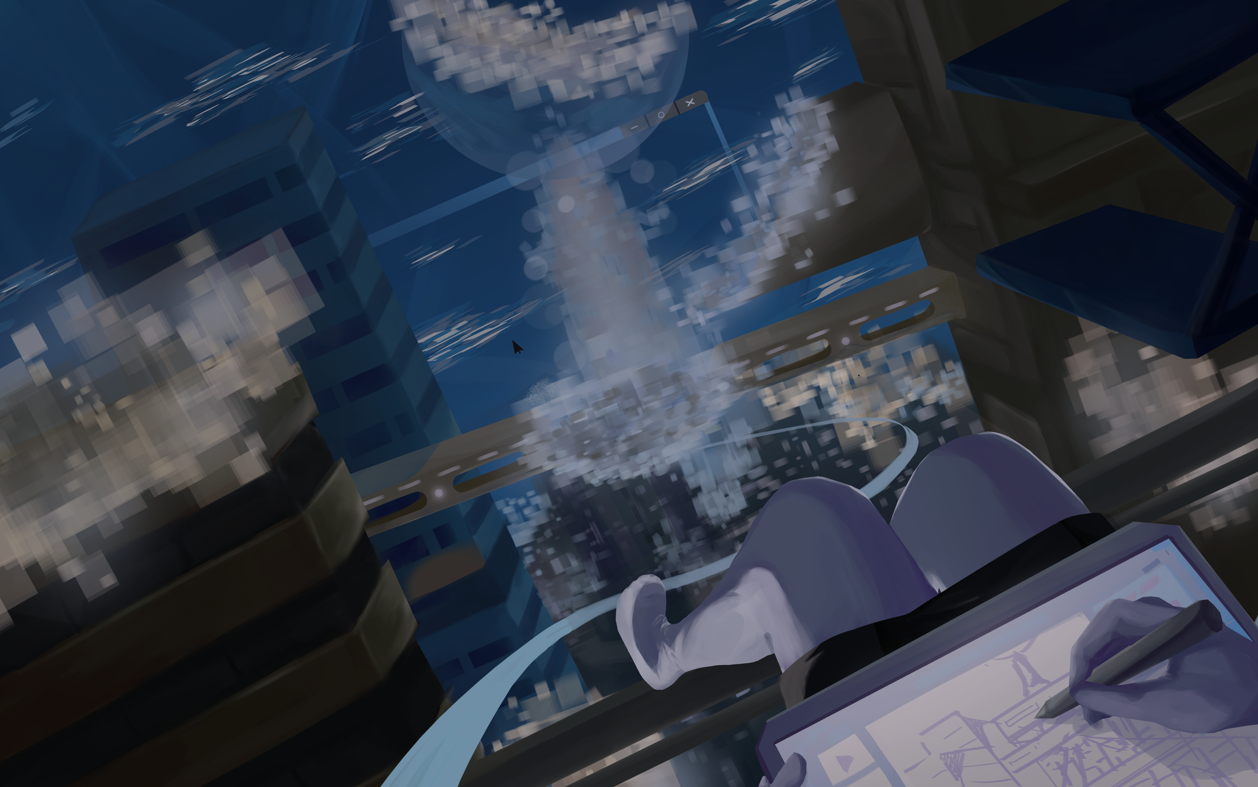 "My World" - Ryan Nguyen  This piece was done digitally in photoshop. It captures our ability as we progress into the future, to seemingly create anything we desire. Whatever lives in our imagination can be a reality.
