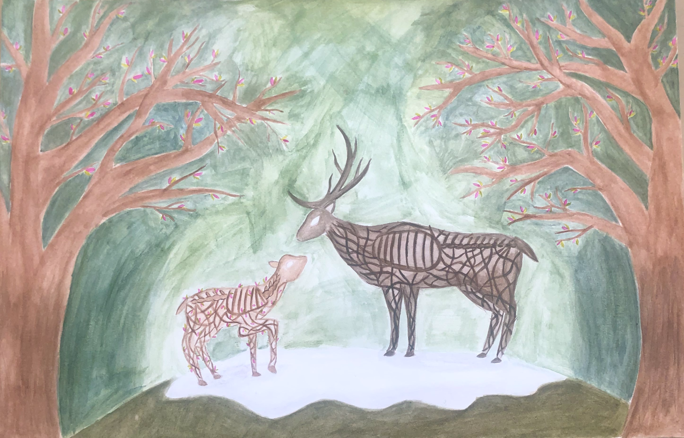  "Generations" - Reva Raul  This was an assignment for my art class, I mixed deer with trees and the four seasons (spring and winter specifically) to create a metaphor about the passing of generations. 