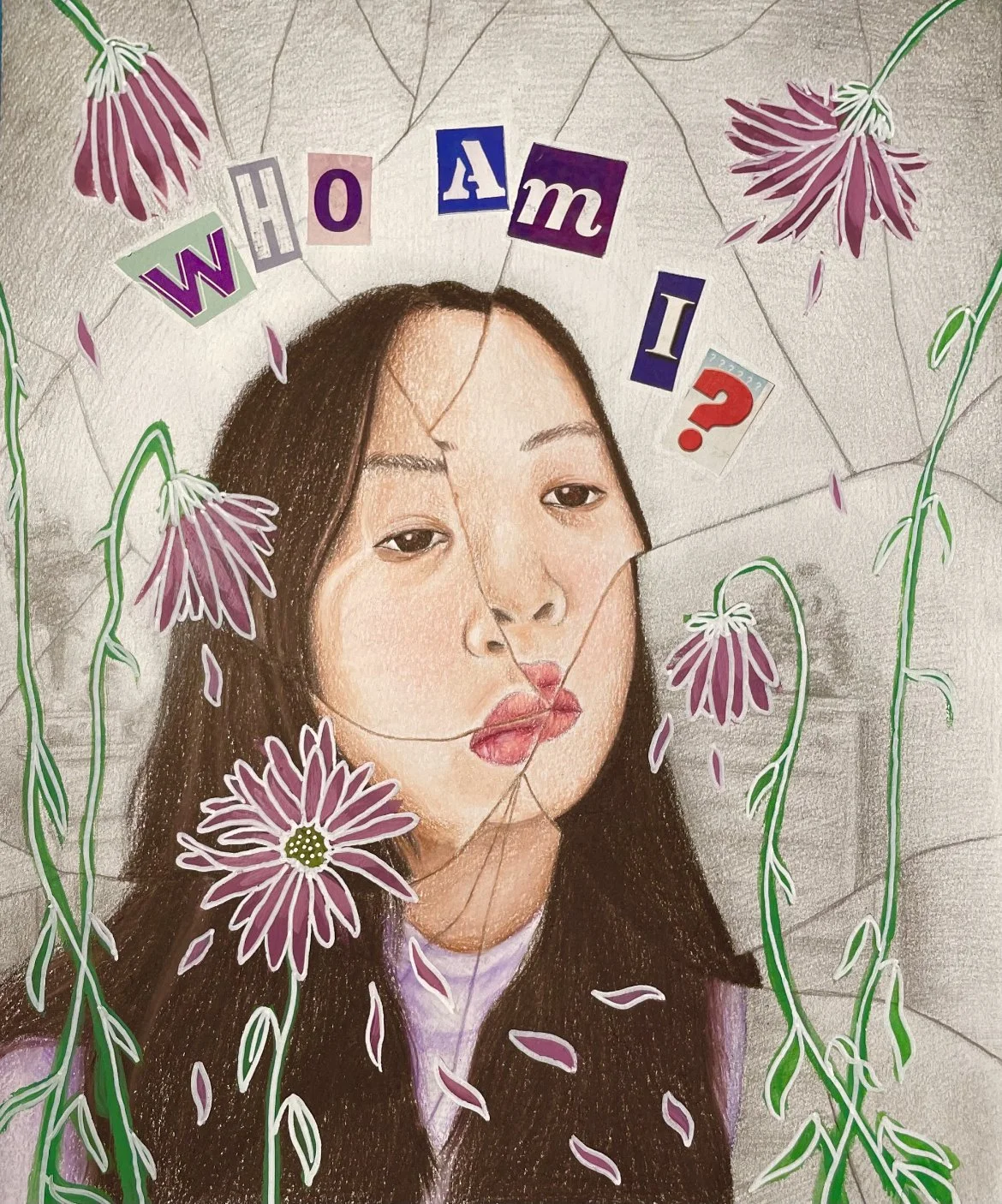 "Existential Crisis": I used colored pencils for my broken portrait, graphite in the background, gouache for the flowers, and I cut out letters from various magazines. My piece is about an existential crisis relating to identity - Joanna Chu