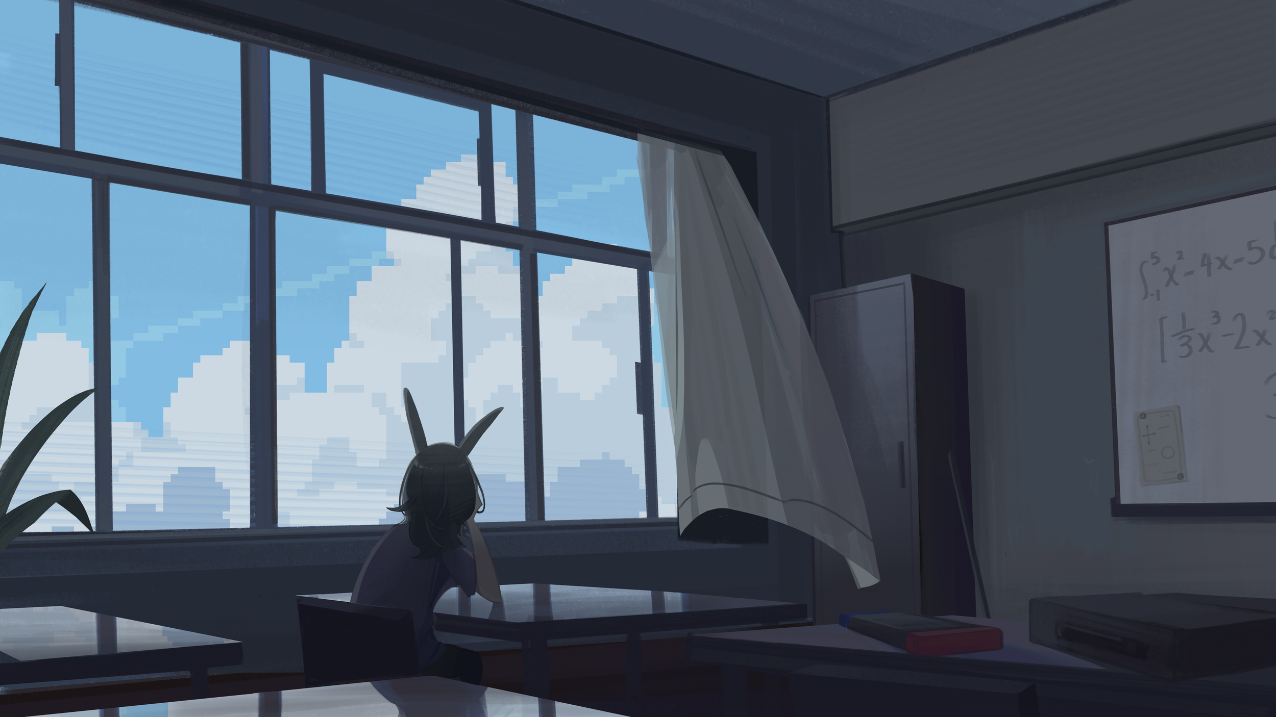  "Head in the Clouds" - Samantha St. Clair   This piece, made in procreate, is supposed to illustrate how people daydream about fantasies in their head. I was inspired by 8-bit style games--shown through the clouds. I hope this piece resonates with p