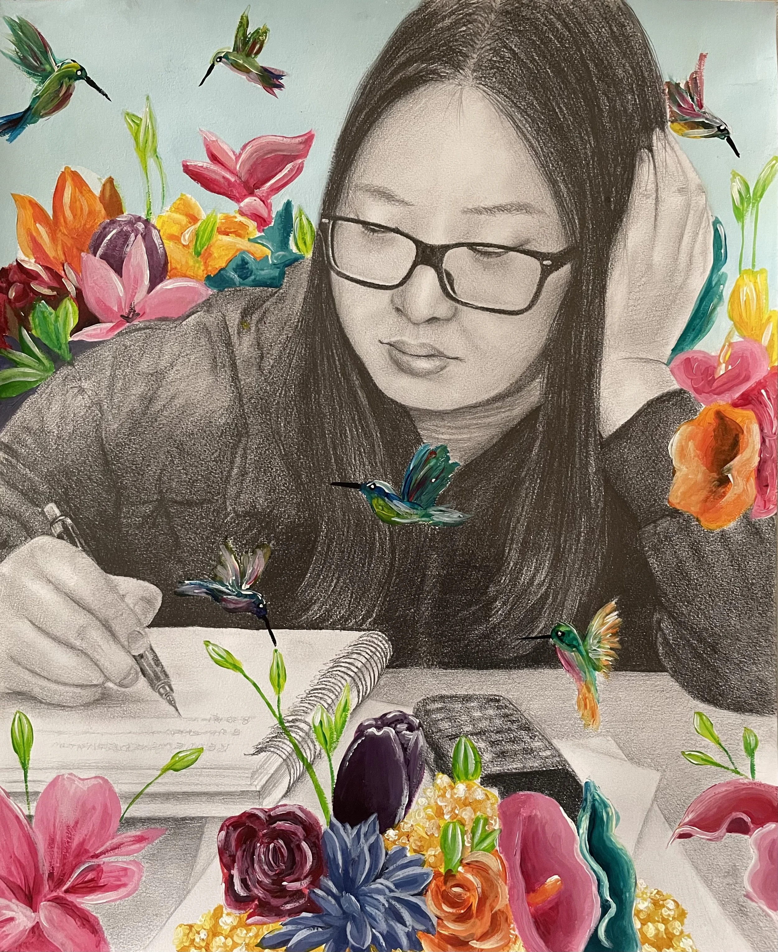 "Inspiration in Imagination": My artwork features my portrait that is drawn in graphite with flowers and hummingbirds painted with acrylic paint. This piece is about how imagination can appear anytime, like when I'm doing homework - Joanna Chu
